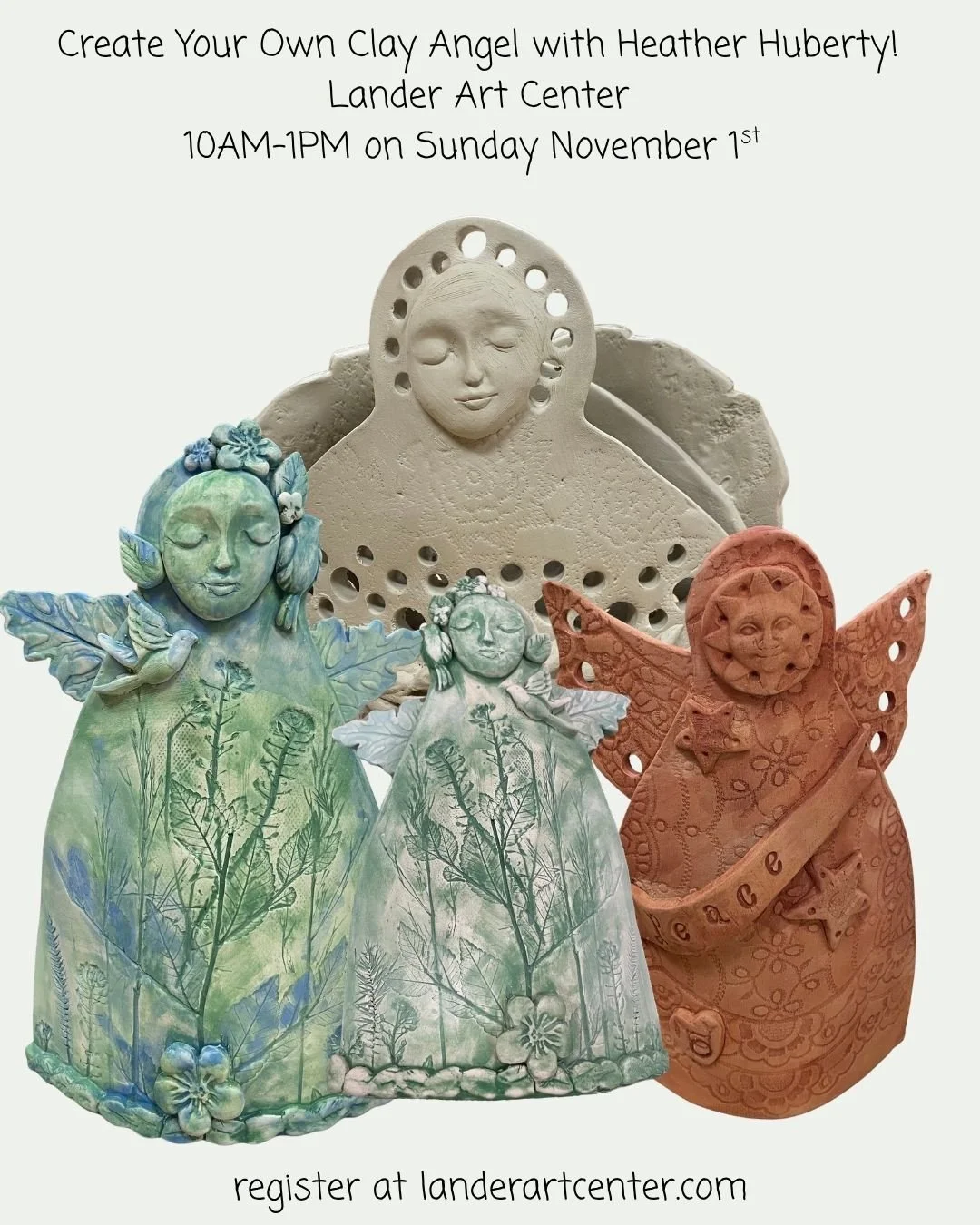 Join Heather Huberty for a day of creating your own, unique clay angel. A perfect gift or addition to your own home. ⁠
⁠
Register now! There are only two spots left in this wonderful class. Visit landerartcenter.com to sign up. Call us at (307) 332-5