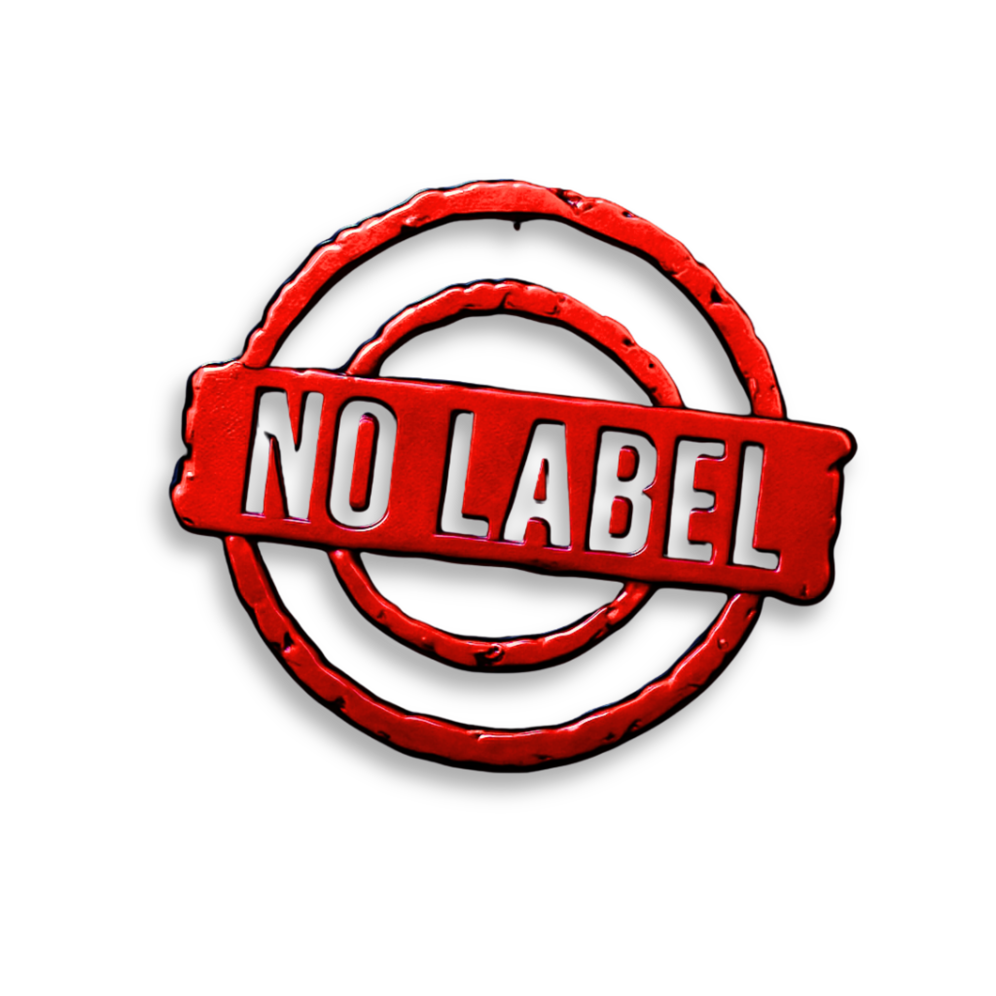 Red circular sign with a diagonal banner reading 'NO LABEL' in black text on a black background.