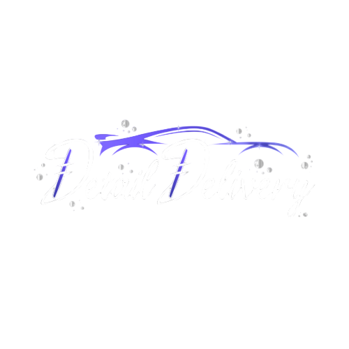 Logo with the text 'Detail Delivery' in elegant script, featuring blue swoosh accents and small white bubbles on a black background.