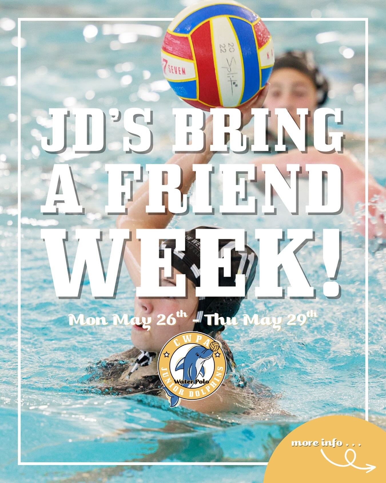 Next week is Junior Dolphins &lsquo;Bring a Friend Week&rsquo; 🐬🐬

Mark your calendars for CWPA&rsquo;s &lsquo;Bring a Friend Week&rsquo; where you can bring your mates to come join us for a free Junior Dolphins trial at any of our sessions! 🤽&zwj