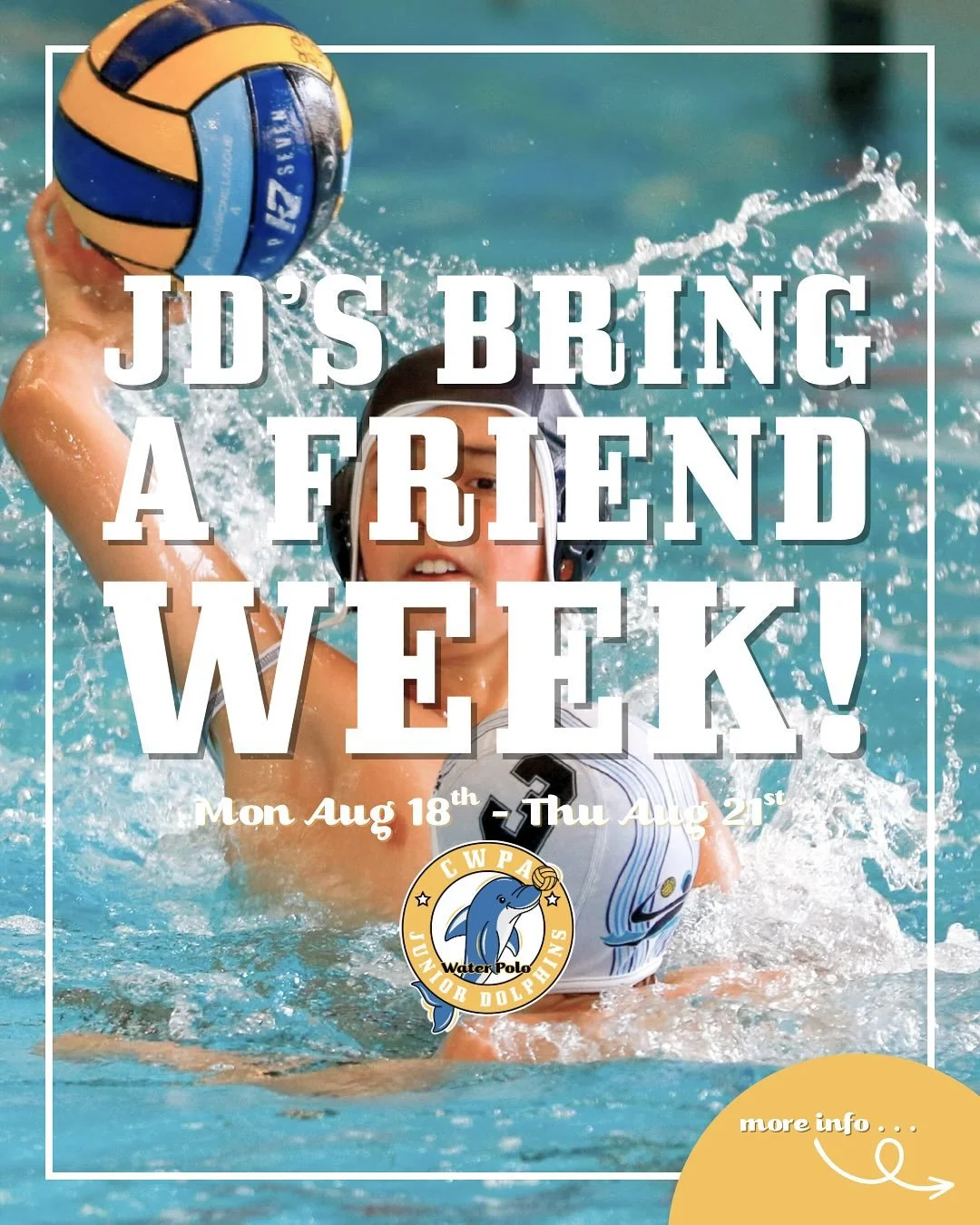 Welcome to Junior Dolphins &lsquo;Bring a Friend Week&rsquo;! 🐬

Starting TONIGHT &ndash; Monday, Aug 18th &ndash; all CWPA Junior Dolphins sessions are running Bring a Friend Week 🎉 That means you can bring your mates along for a FREE Junior Dolph