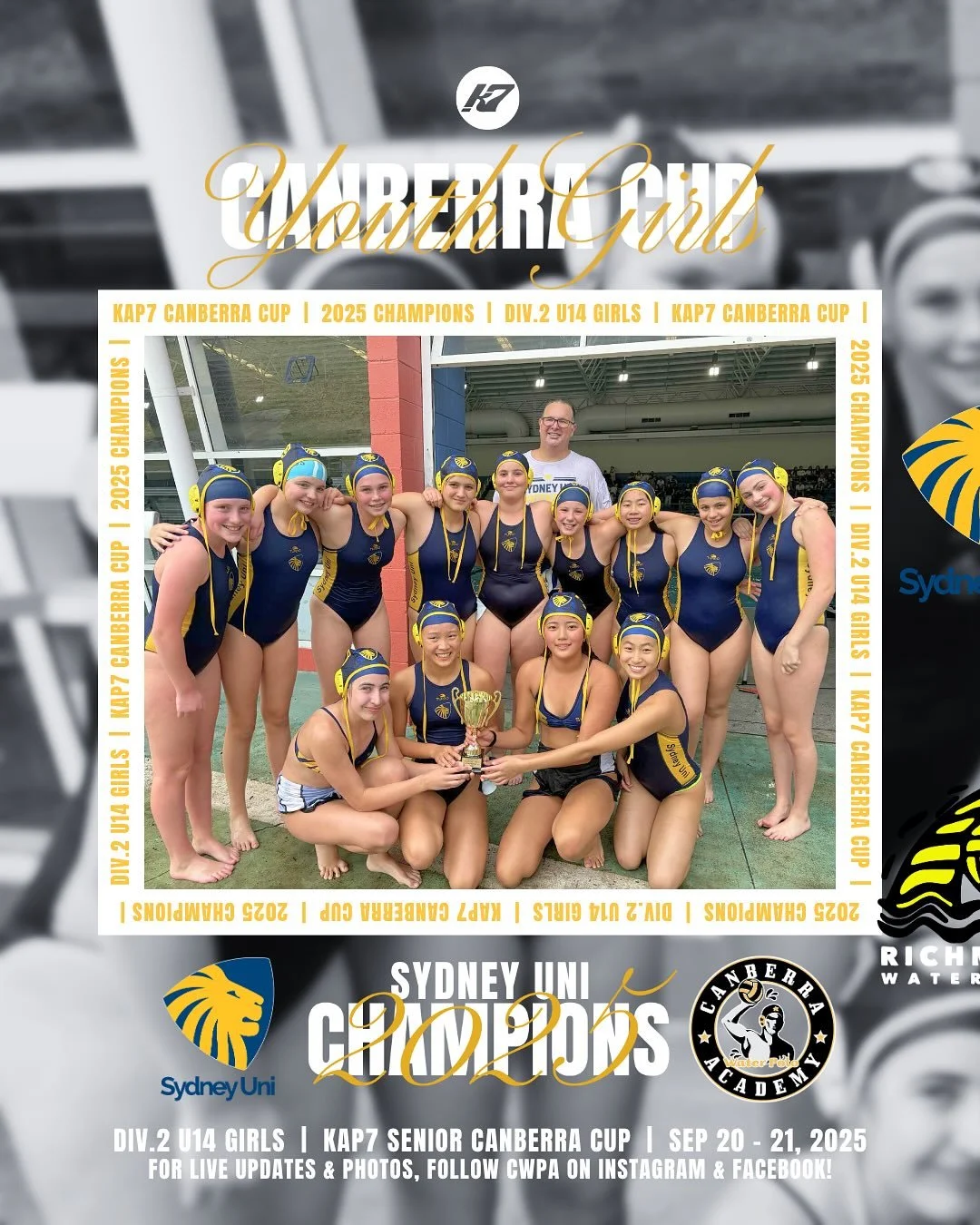 KAP7 JNR CBR CUP 2025 🤽&zwj;♀️
Div.2 Youth U14 Girls Grand-Final 🏆

🥇 Sydney Uni
🥈 Richmond Tigers
🏆 MVP &ndash; Amy Su
 
#CWPA #kap7 #canberracup #cbrcup25 #waterpolo 
@kap7aus