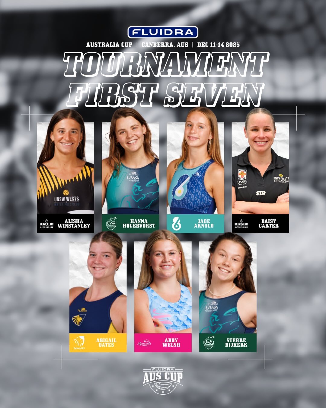 🏆 Introducing the Fluidra Australia Cup Women&rsquo;s Tournament Team &ndash; First Seven 🏆

Seven outstanding athletes recognised for their performances across the week, earning selection in the First Seven at the 2025 Fluidra Australia Cup 🤽&zwj