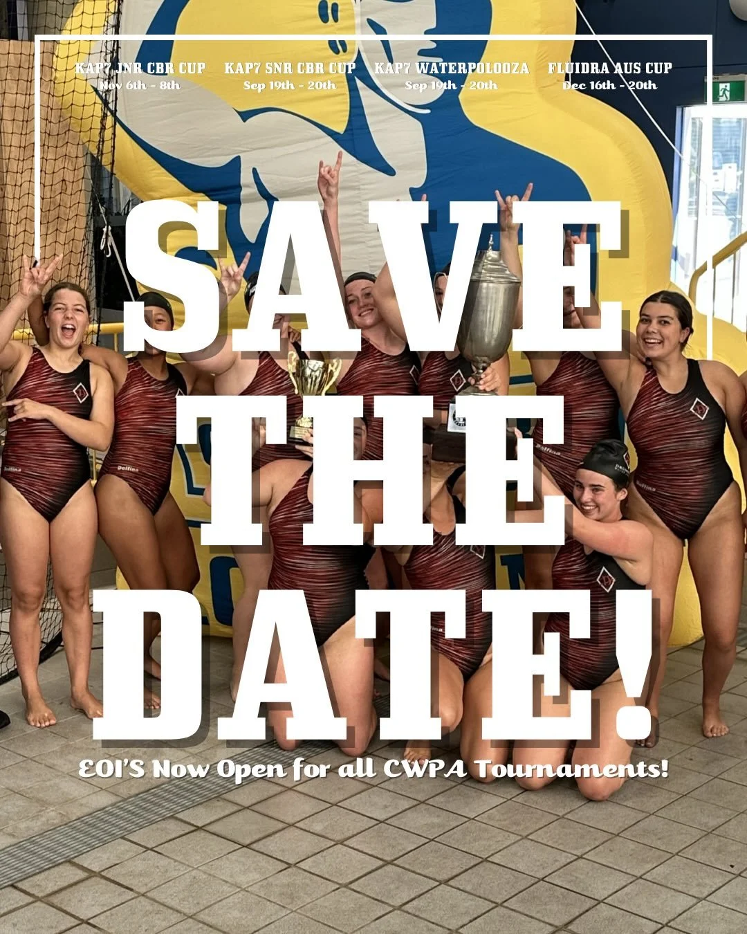 Expressions of Interest are now OPEN for 2026 CWPA Tournaments! 🤽&zwj;♂️🏆

Planning for a huge year of water polo in Canberra is already underway - head to the CWPA website to check out all upcoming events and key details.

📩 To submit an EOI:
Ema