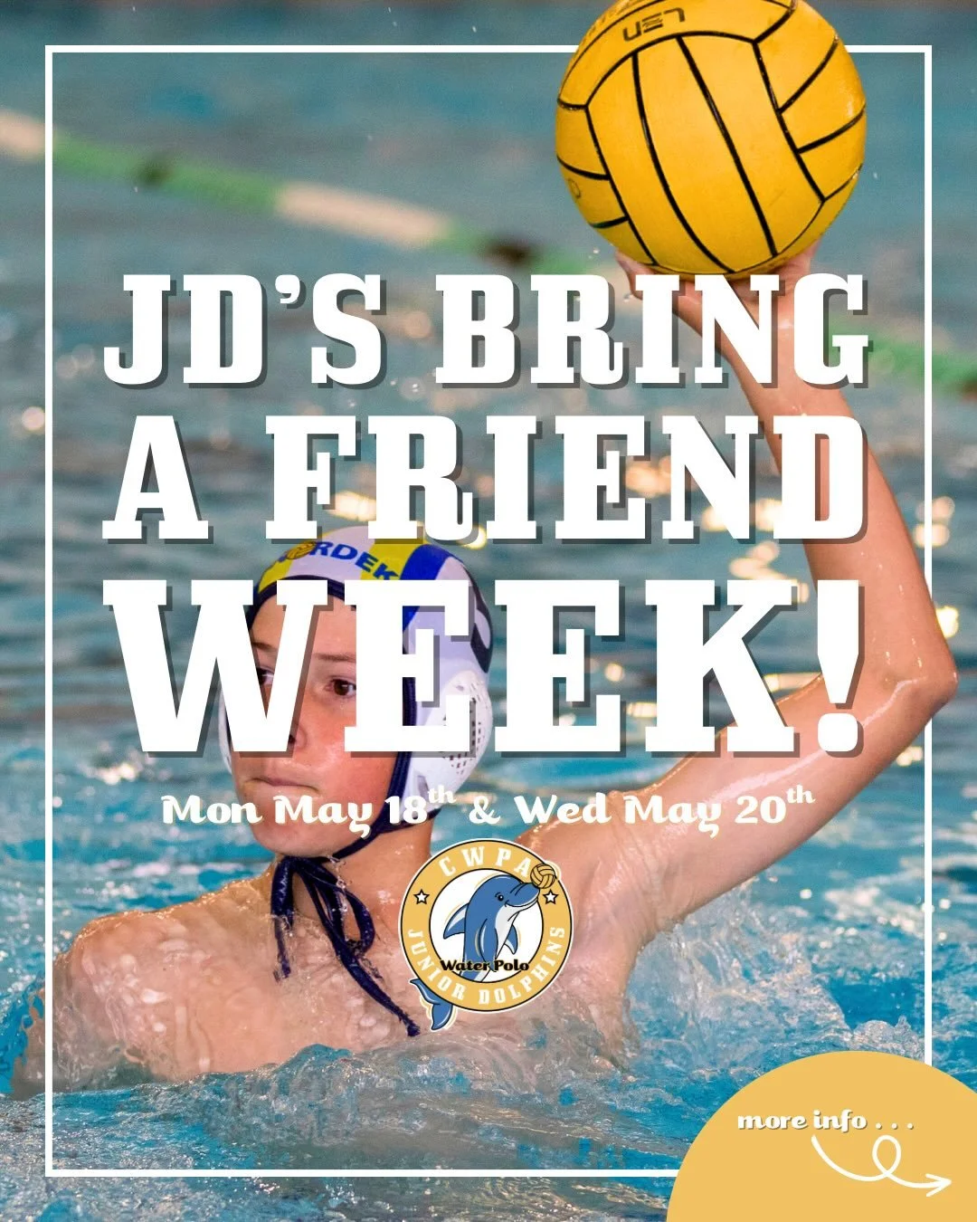 BRING-A-FRIEND WEEK 🐬🤽&zwj;♂️🤽&zwj;♀️

Junior Dolphins &mdash; this week is your chance to bring a mate along for a FREE water polo trial!

🗓️ Monday 18 May
🗓️ Wednesday 20 May
📍 CISAC

Got a friend who&rsquo;s keen to try something new? Bring 