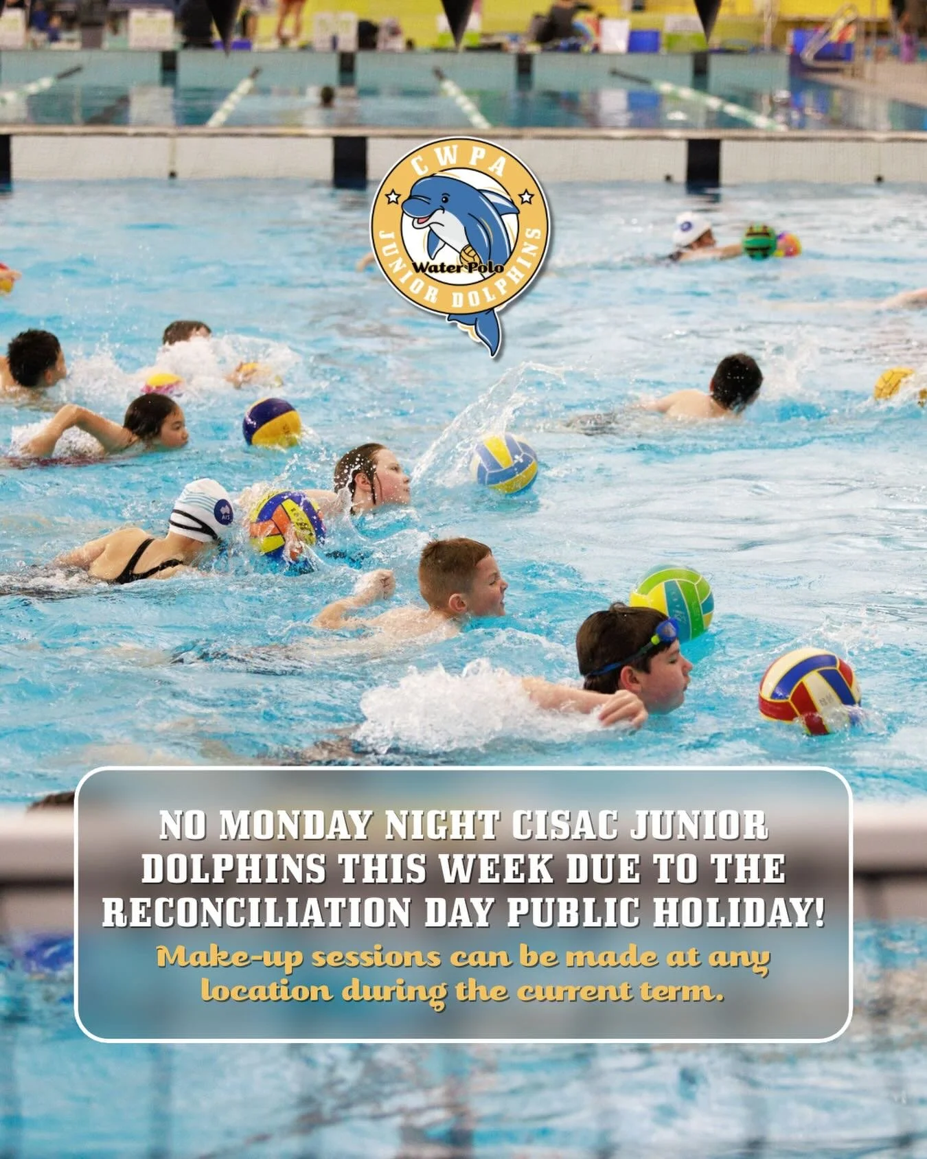 No Monday Night Junior Dolphins at CISAC this coming week 🐬

There will be no Monday session (June 1) due to the Reconciliation Day Public Holiday.

Make-up sessions are welcome at any Junior Dolphins location during the current term - we&rsquo;d lo