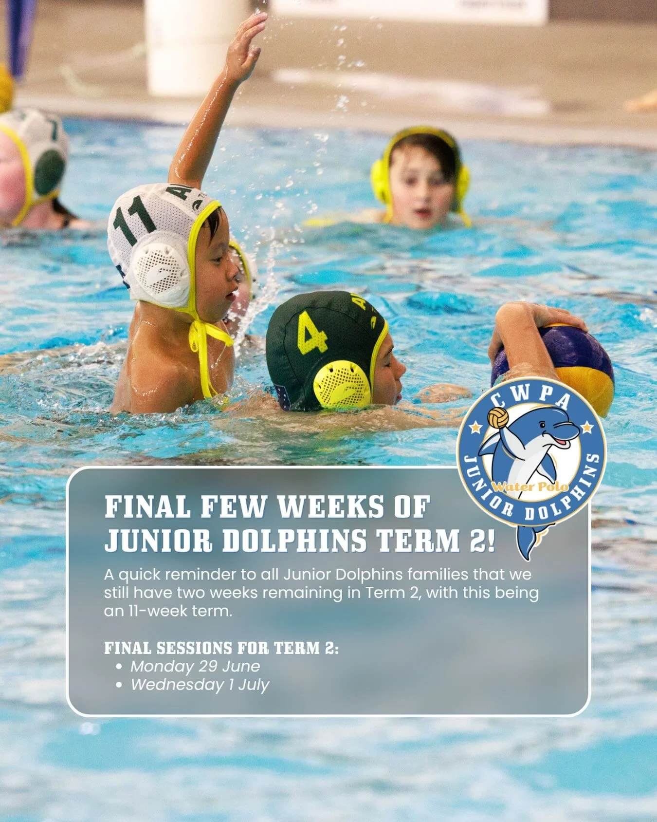 FINAL FEW WEEKS OF JUNIOR DOLPHINS TERM 2! 🐬🤽&zwj;♂️🤽&zwj;♀️

A quick reminder to all Junior Dolphins families that we still have two weeks remaining in Term 2, with this being an 11-week term.

🗓️ Final sessions for Term 2:
&bull; Monday 29 June