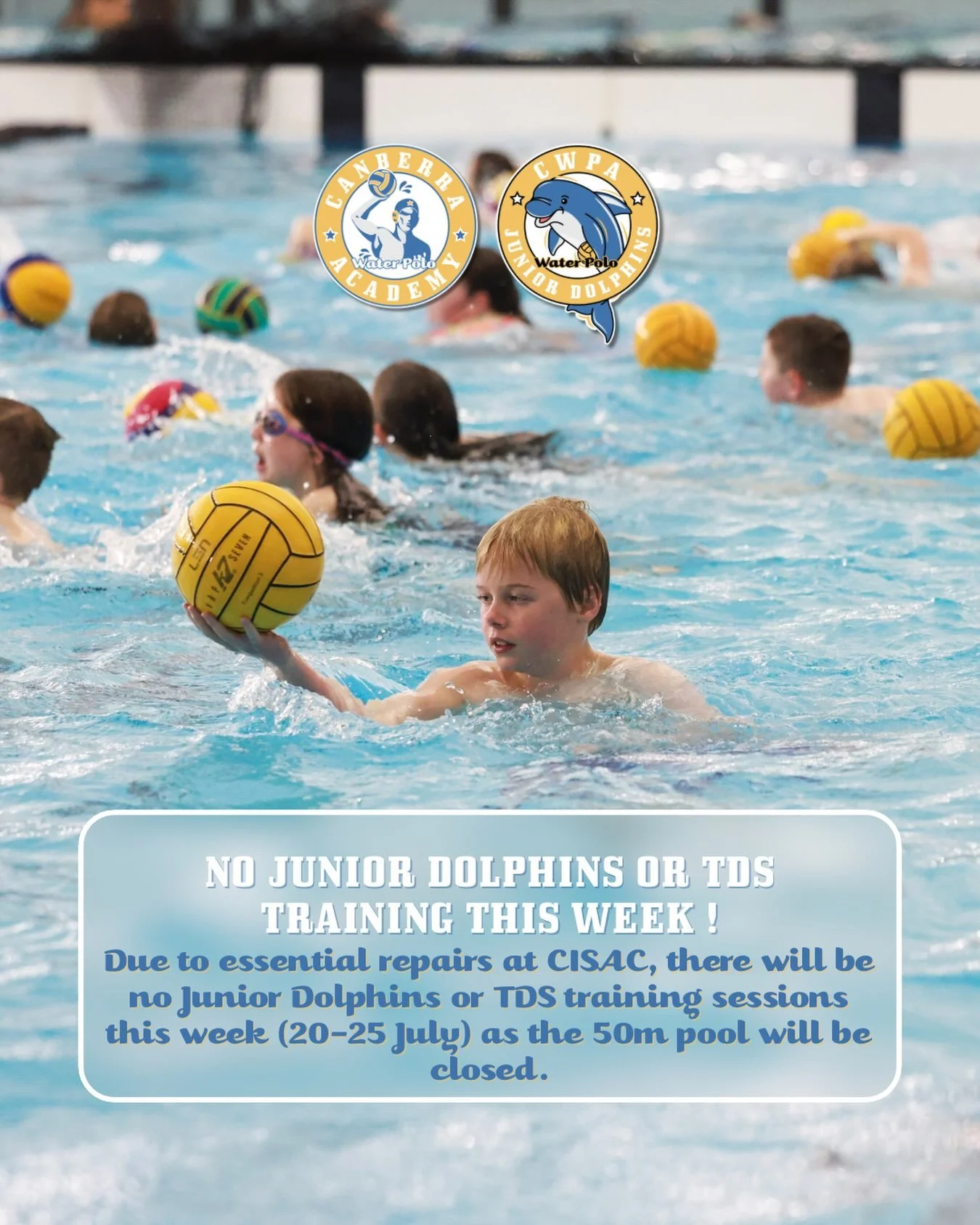 NO TRAINING THIS WEEK 🚫

Due to essential repairs at CISAC, there will be no Junior Dolphins or TDS training sessions this week (20&ndash;25 July) as the 50m pool will be closed 🤽&zwj;♀️🤽&zwj;♂️

Unfortunately, this closure is outside of our contr