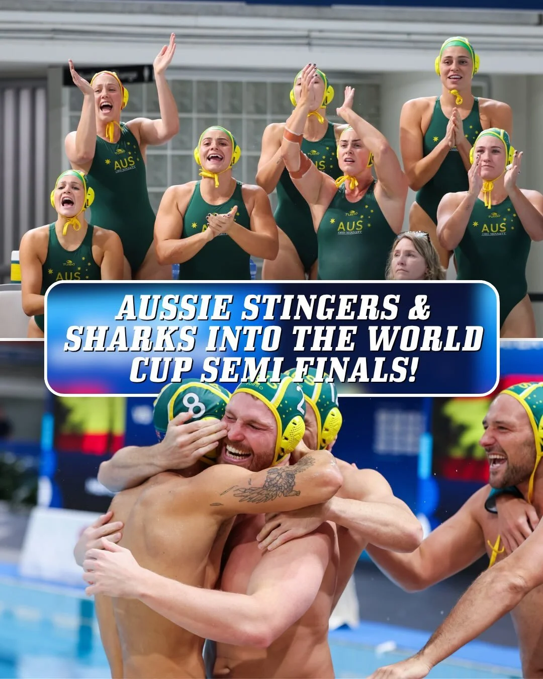 AUSSIE STINGERS &amp; SHARKS INTO THE SEMI FINALS! 🇦🇺🔥🤽&zwj;♂️🤽&zwj;♀️

What a night for Australian water polo! 💚💛

Both the Aussie Stingers and Aussie Sharks have booked their places in the @world_aquatics Water Polo World Cup Semi Finals aft
