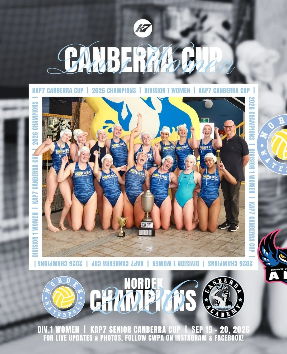 KAP7 SNR CBR CUP 2026 🤽🏼&zwj;♀️
Division 1 Women Grand-Final 🏆

🥇 Nordek 
🥈 ANU Owls
🏆 MVP &ndash; Eilis Rogis

#CWPA #kap7 #canberracup #cbrcup26 #waterpolo
📸 @prosport.photos