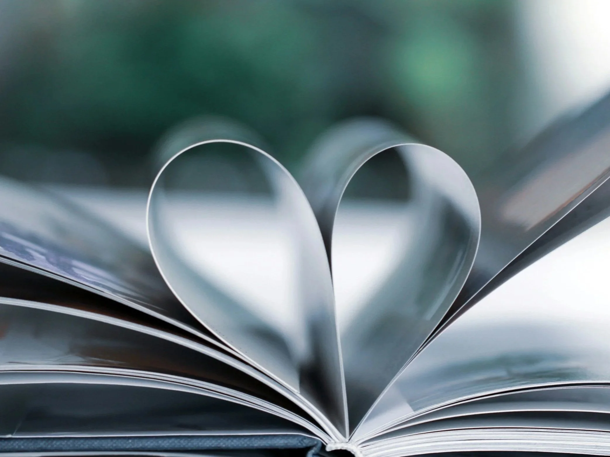 An open book with its pages folded to form a heart shape.