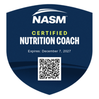 Badge displaying NASM Certified Nutrition Coach, with expiration date December 7, 2027, and a QR code.