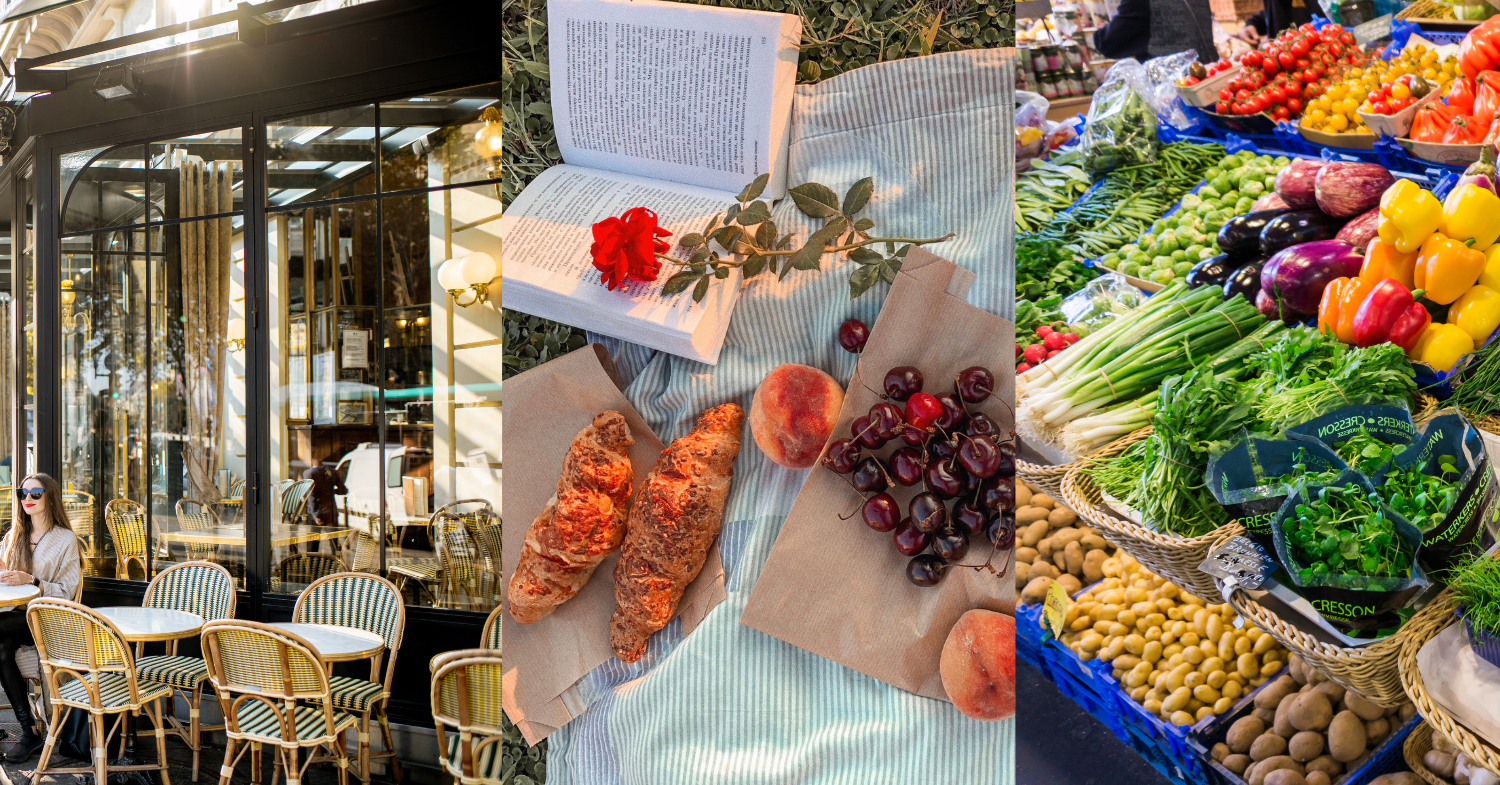 Three-part image showing outdoor cafe, picnic, and veggies at an outdoor market.