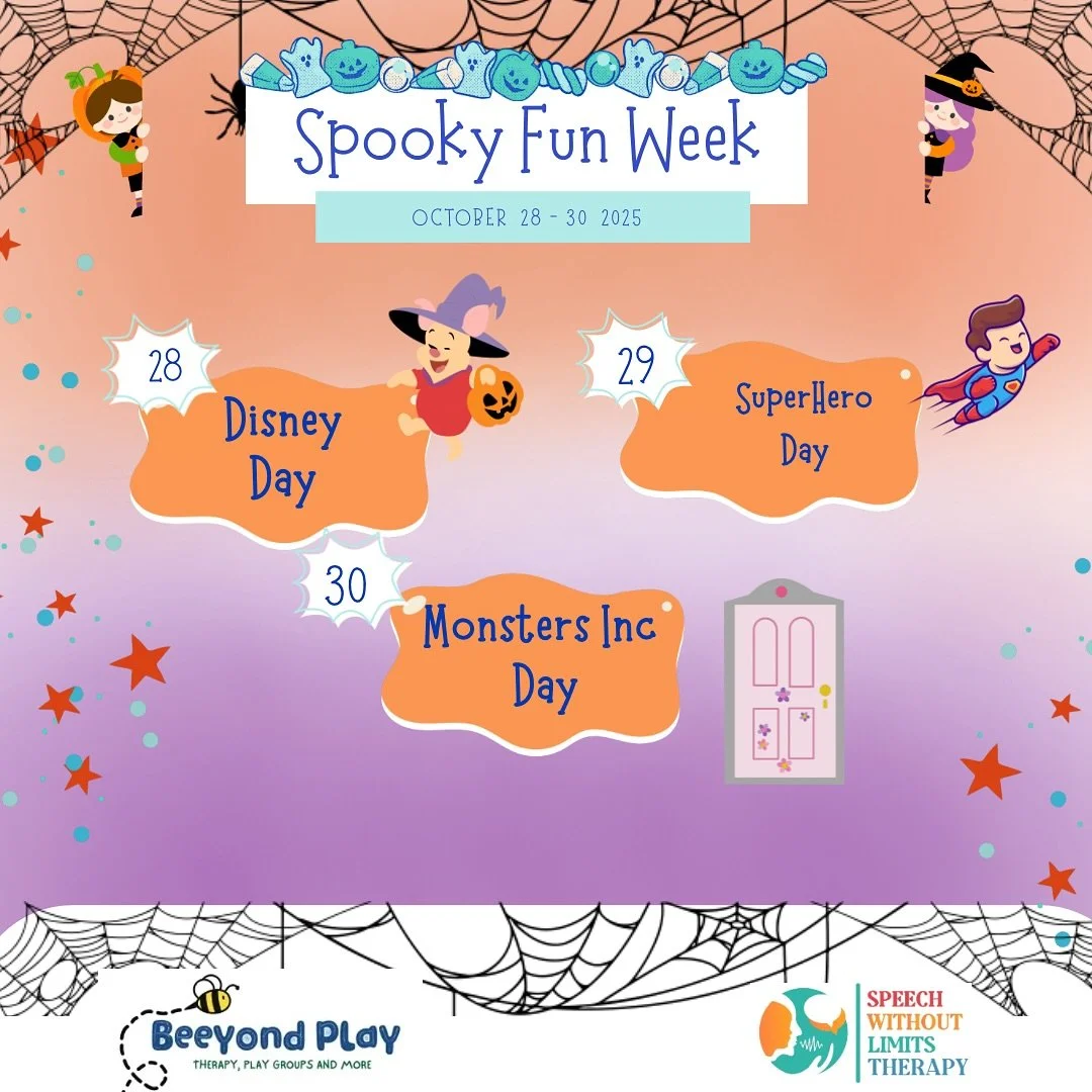 🎃 Join us for Spirit Week October 28th-30th👻
We&rsquo;ll be celebrating Halloween all week long at Beeyon Play &amp; Speech Without Limits Therapy with themed dress-up days, smiles, and lots of speech-language and OT fun.
We can&rsquo;t wait to see