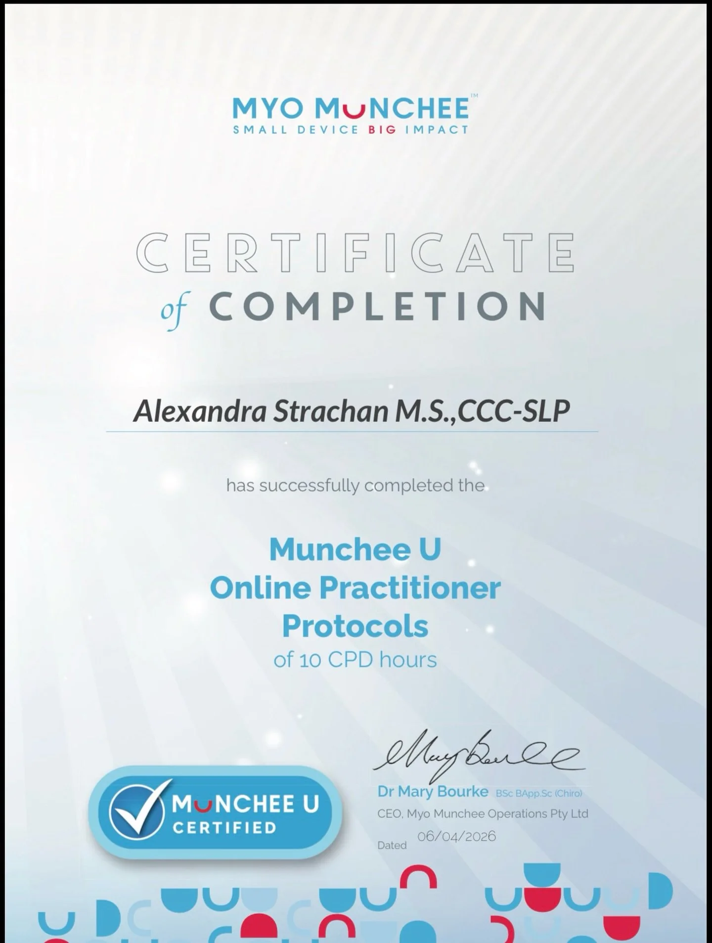 ✨ Exciting Update at Speech Without Limits Therapy! ✨

I&rsquo;m so excited to share that I&rsquo;ve recently completed additional training in the Myo Munchee&reg; approach&mdash;a therapeutic tool I&rsquo;ve already been incorporating into sessions!