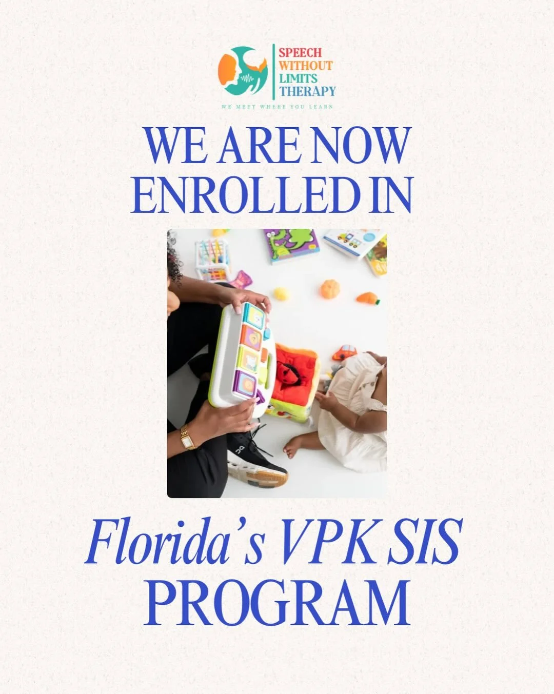 Let&rsquo;s get your child set up for summer success ☀️💬

At Speech Without Limits Therapy, we pride ourselves in being an approved provider for the VPK-SIS program!

📩 Reach out today
📍 Serving families in Land O&rsquo; Lakes + surrounding areas
