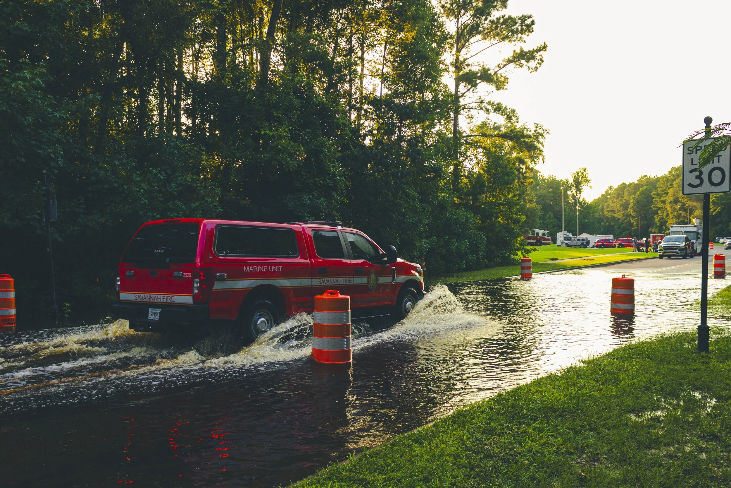 A Savannah fire rescue marine unit plowing through the flooded water