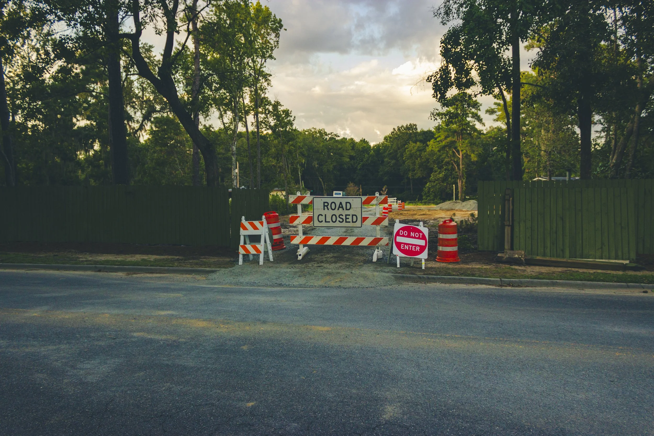 The newly built temporary road with a road closure sign