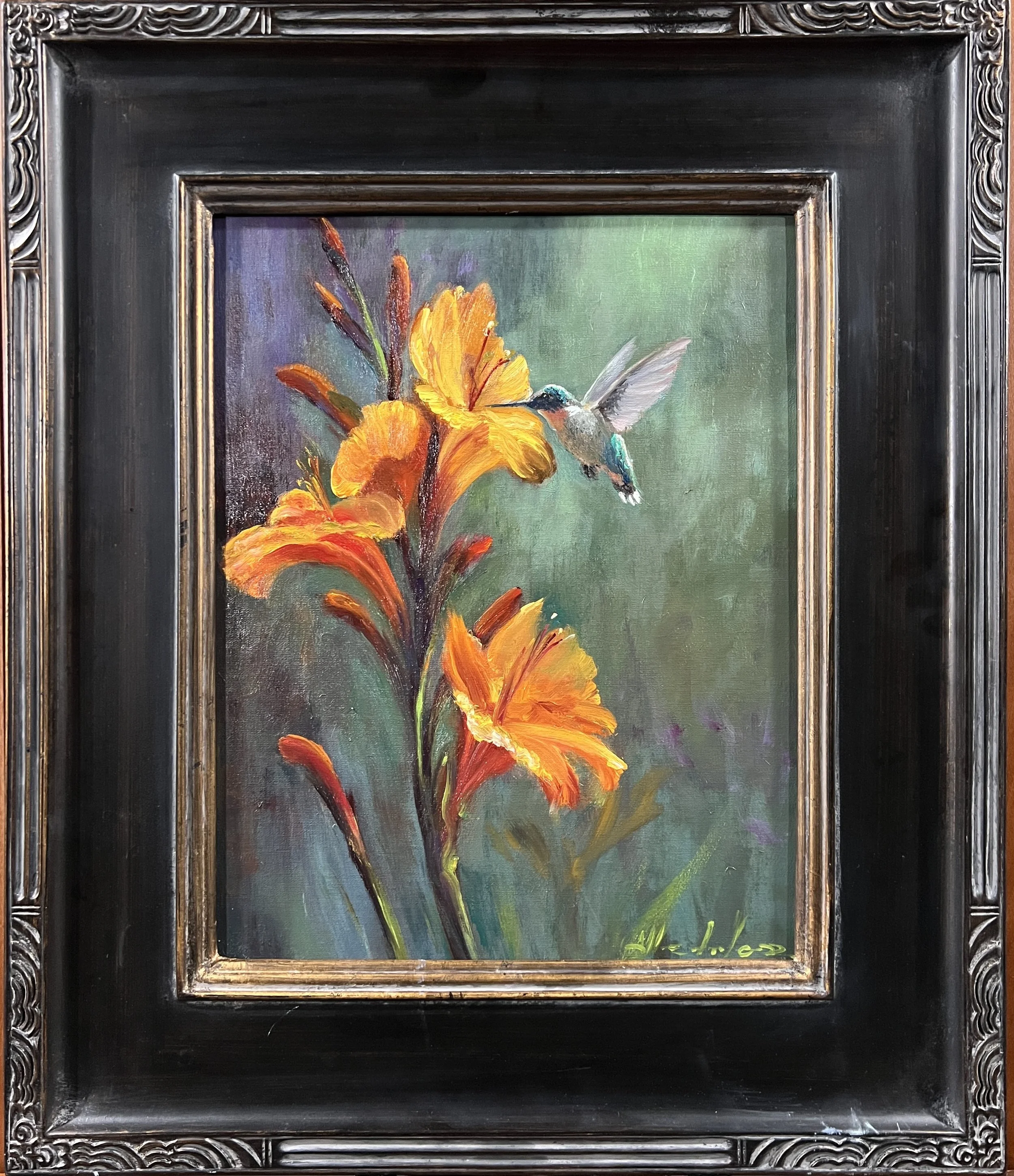Hummingbird with lilies