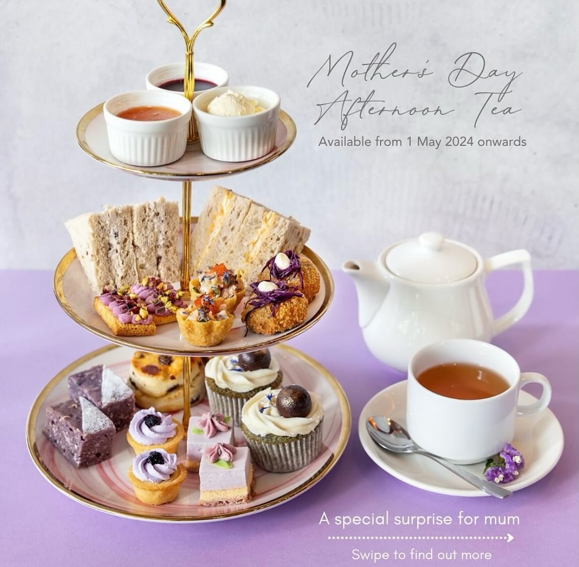 Tiers of delectable sweet and savoury treats, two pots of fragrant artisanal tea and a heart full of love for mum. Honour the sweetest moments with mum with this specially crafted afternoon tea set. 

Available from 1st May onwards.

Make this Mother