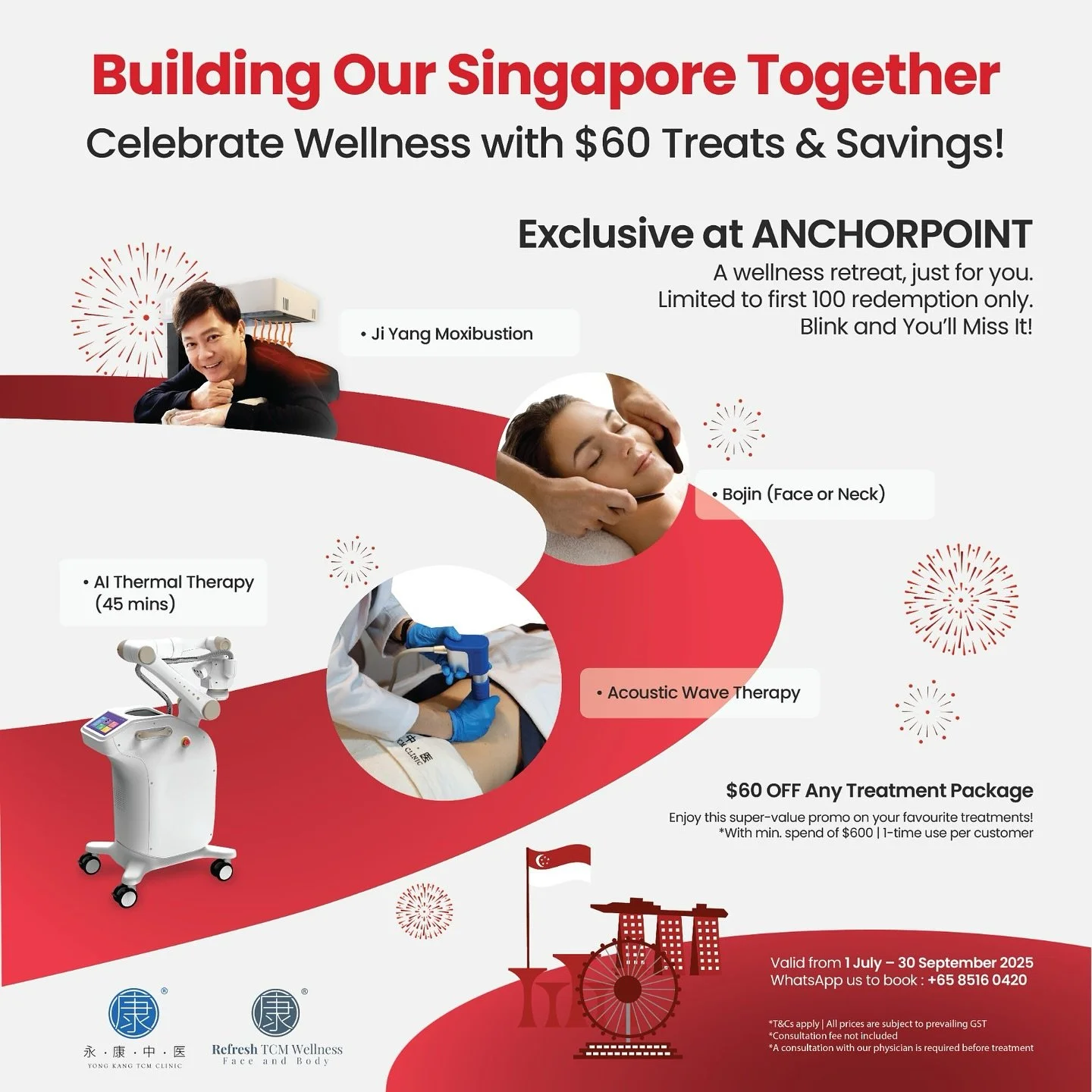Celebrate SG60 the wellness way 🎉
Yong Kang TCM is marking Singapore&rsquo;s 60th with feel-good perks you don&rsquo;t want to miss:

✨ $60 off treatment packages (min. spend $600)
✨ $60 therapy trials for the first 100 redemptions &ndash; choose fr