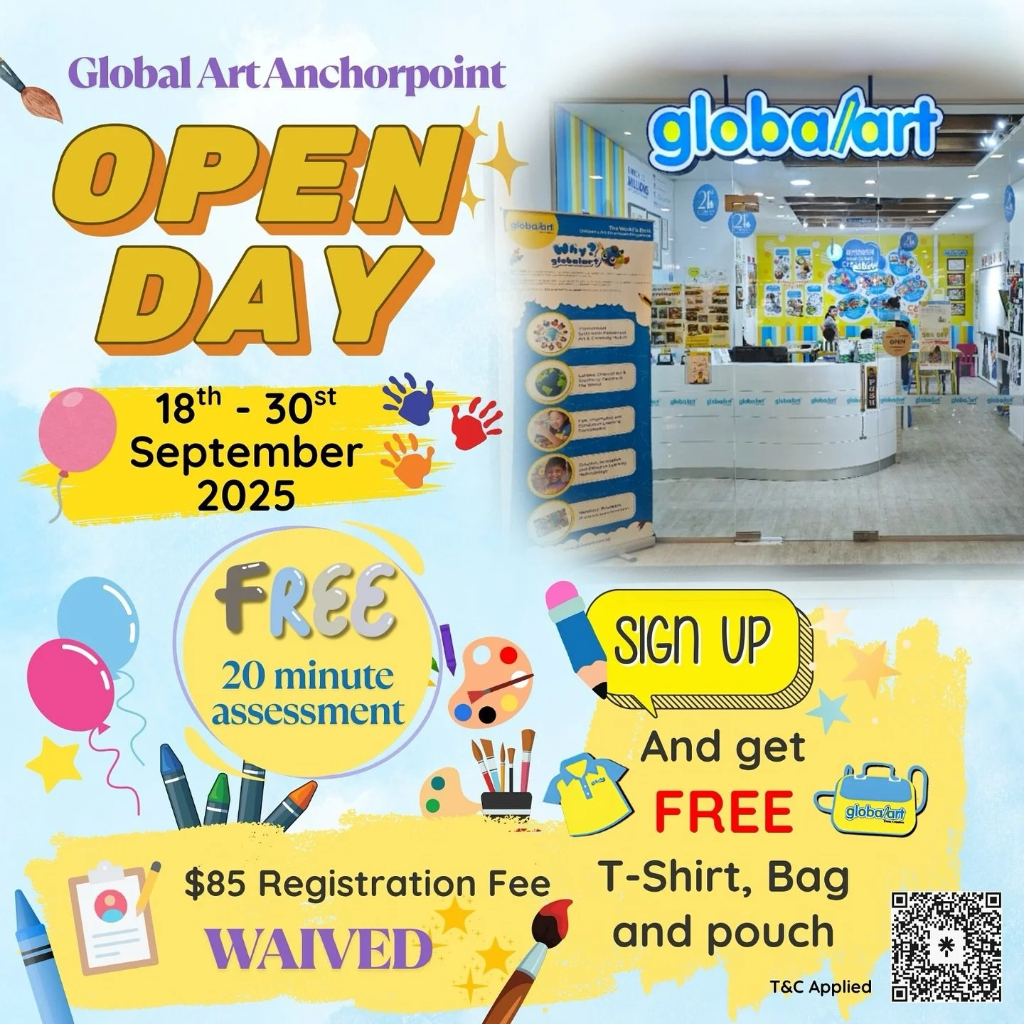 🎨 Global Art Anchorpoint Open Day 🎨
From 18&ndash;30 September, little artists can enjoy a FREE 20-minute assessment to explore their creativity.

✨ Special perks when you sign up during this period:
	&bull;	$85 registration fee waived
	&bull;	FREE