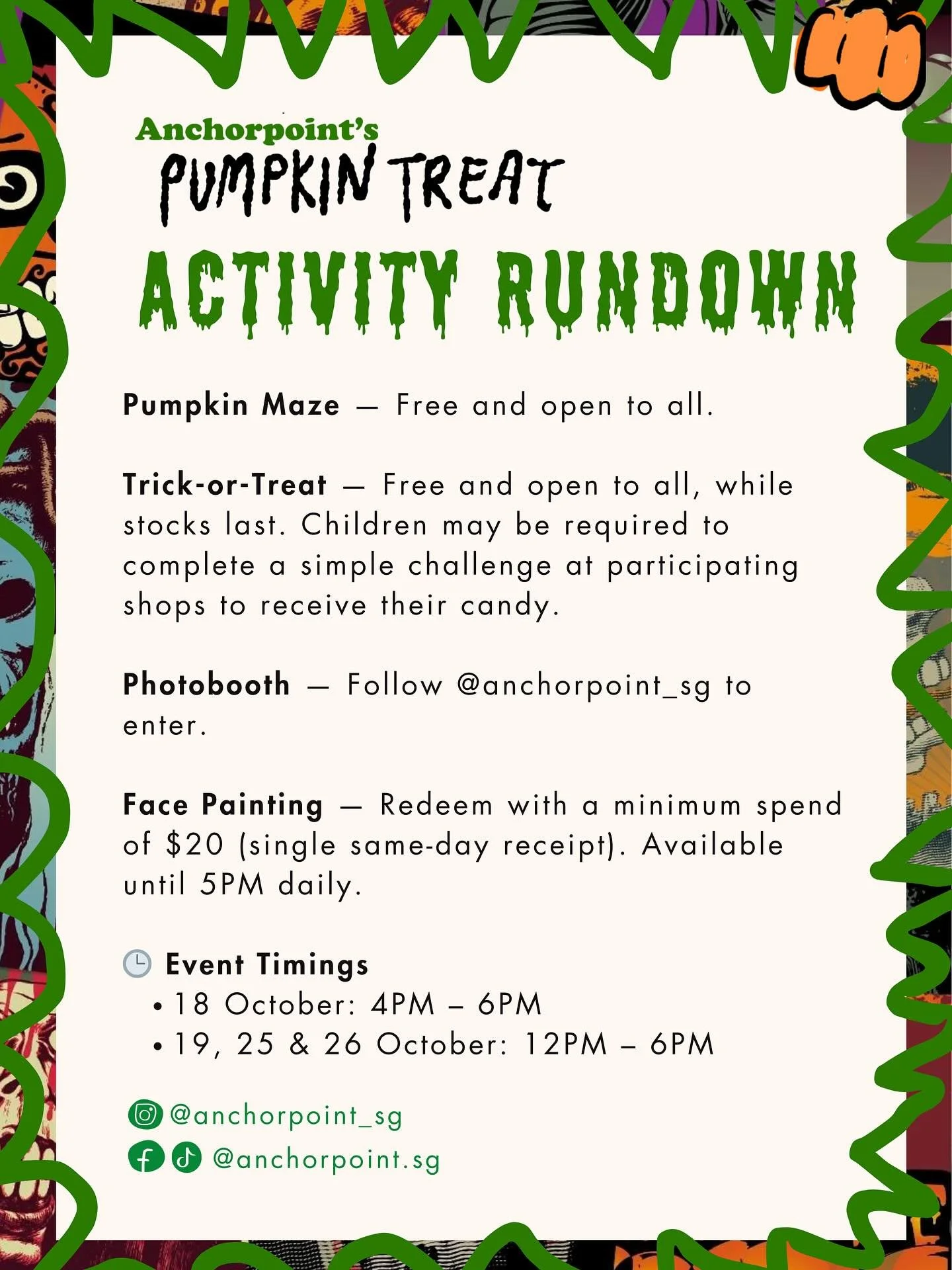 Pumpkins, candy &amp; photobooth &mdash; Anchorpoint&rsquo;s got your Halloween sorted! 🎃🍬📸

🕒 18 Oct: 4&ndash;6PM | 19, 25 &amp; 26 Oct: 12&ndash;6PM
📍B1 Atrium