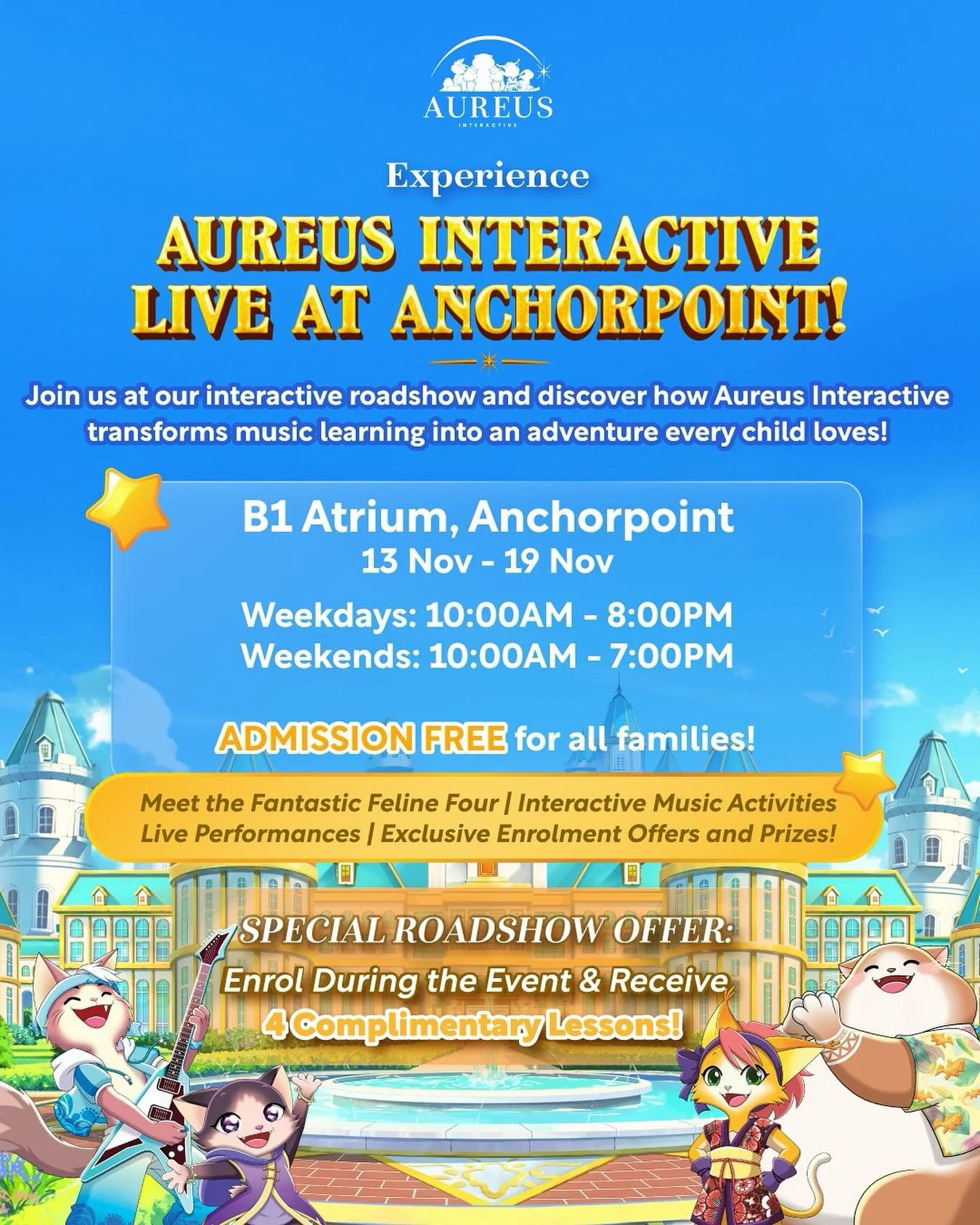 Music takes centre stage at our B1 Atrium this week.

From 13&ndash;19 November, Aureus Interactive is bringing hands-on music fun for kids of all ages &mdash; think playful activities, mini performances, and a chance to meet their Fantastic Feline F