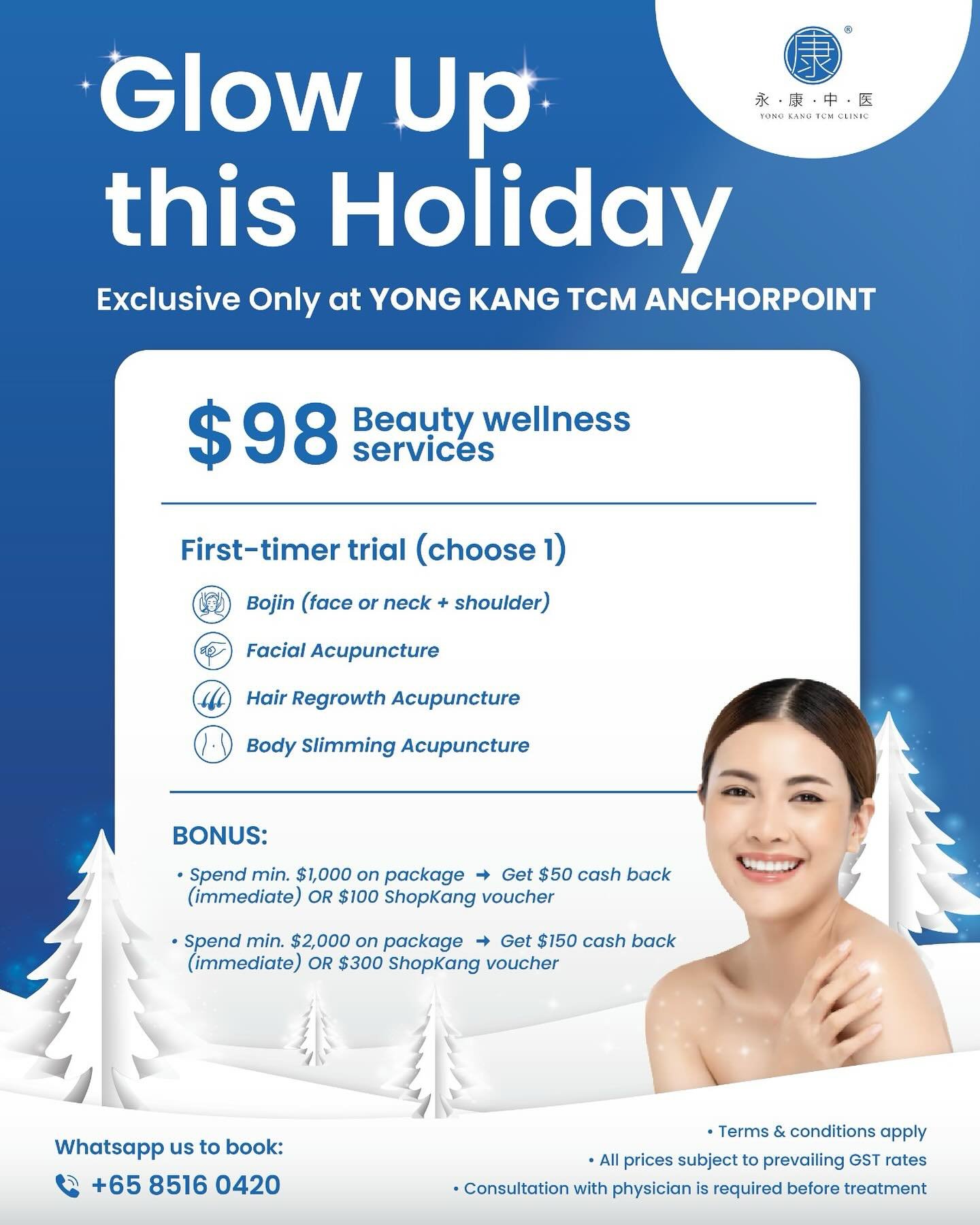 Glow up this holiday season ✨
Whether you&rsquo;re off on vacation or just want to feel a little fresher, Yong Kang TCM Clinic has a first-trial promo to get you started &mdash; only $98 for one of these treatments:

- Bojin (Face / Neck-Shoulder)
- 