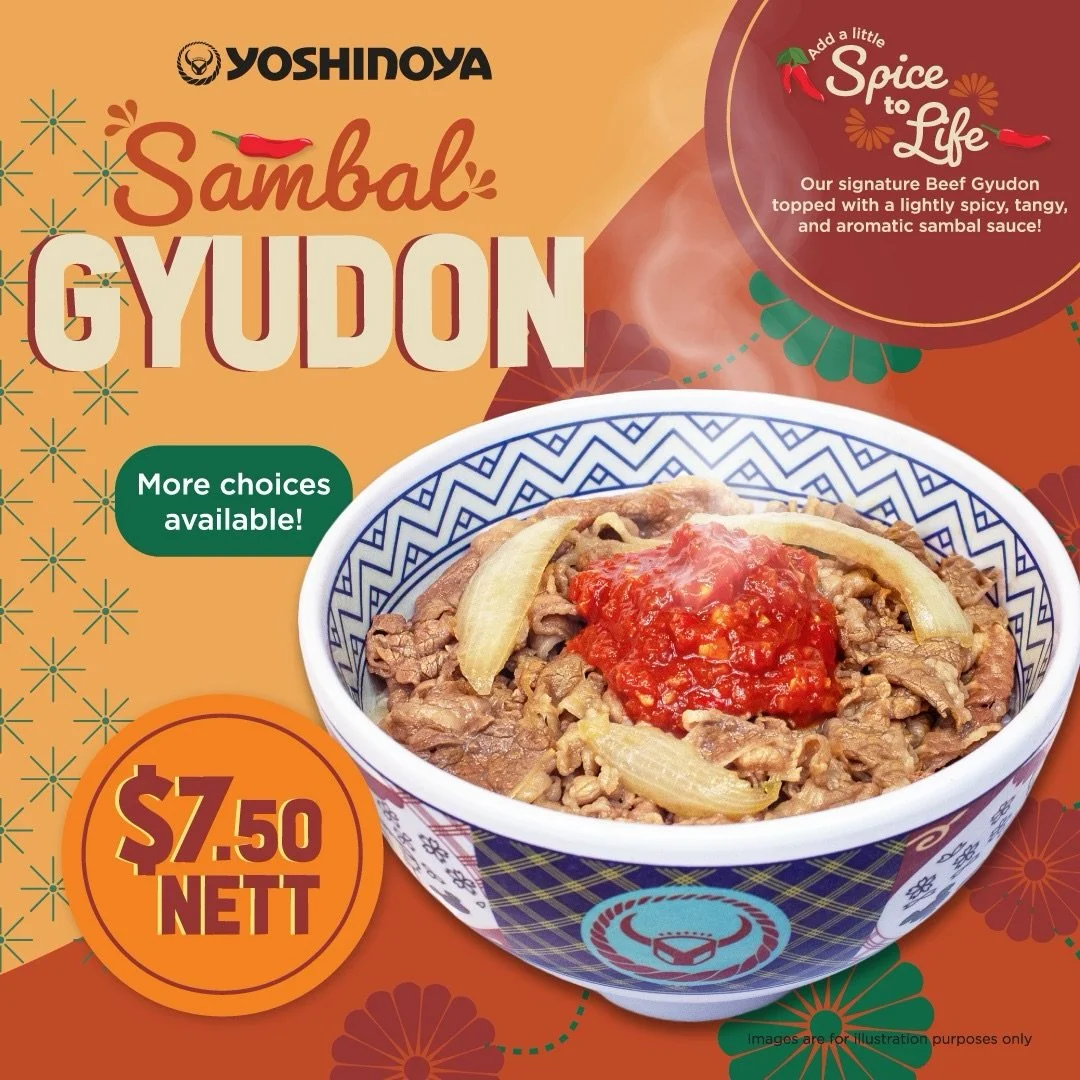 More spice, more flavour, more reasons to gather 🌶️
Yoshinoya&rsquo;s Sambal Gyudon is here for the season &mdash; featuring their signature beef bowl topped with aromatic sambal.

Available for a limited time.

📍Yoshinoya, #01-01