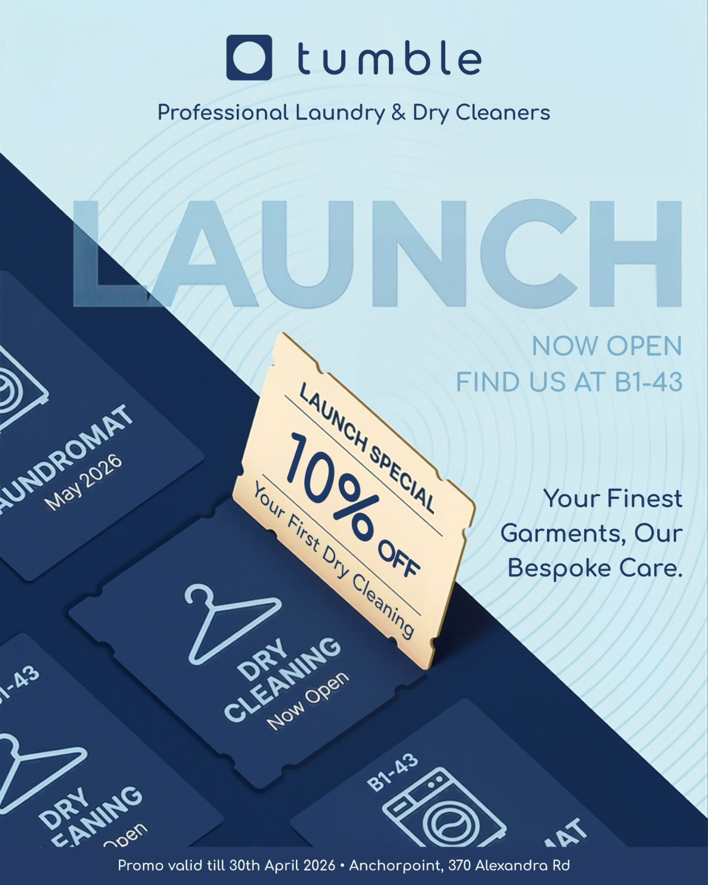 Fresh start, fresh fits.
Enjoy 10% off at Tumble Laundromat &amp; Dry Cleaners for a limited time.

📍TUMBLE Laundromat &amp; Dry Cleaners, #B1-43
