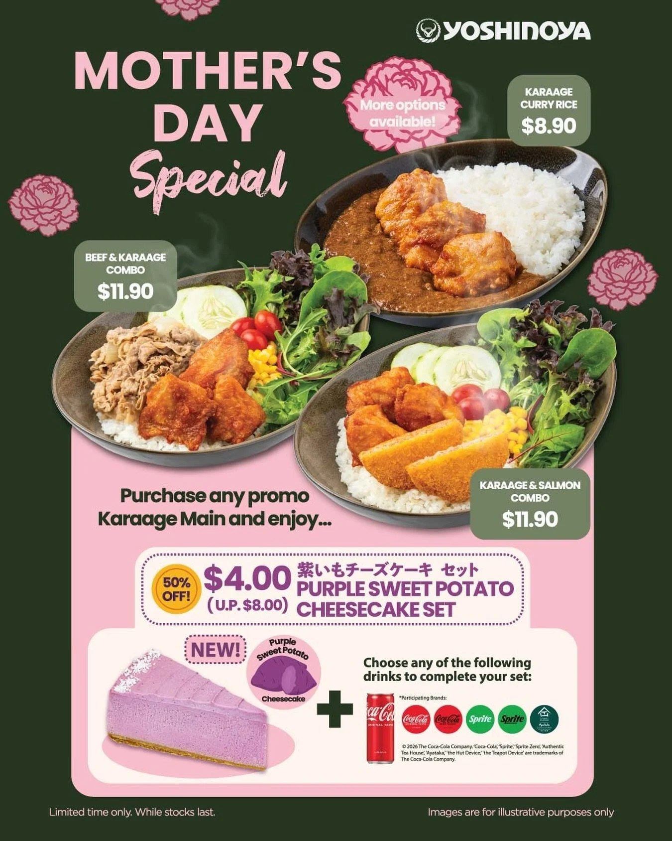 Mum deserves a treat too 💐🍛
Celebrate Mother&rsquo;s Day with comforting favourites at Yoshinoya

Enjoy special mains from $8.90, plus top up just $4 for a Purple Sweet Potato Cheesecake Set (U.P. $8) with any promo Karaage Main. 🍠✨

Perfect for a