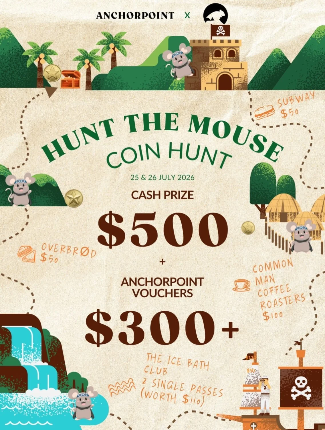 🐭 Ready for a little adventure?

Join our Hunt the Mouse Coin Hunt on 25 &amp; 26 July and stand a chance to win:

💰 $500 Cash Prize
🎁 $300+ worth of prizes, including:
☕ $100 Common Man Coffee Roasters vouchers
🥗 $50 Subway vouchers
🥪 $50 Overb