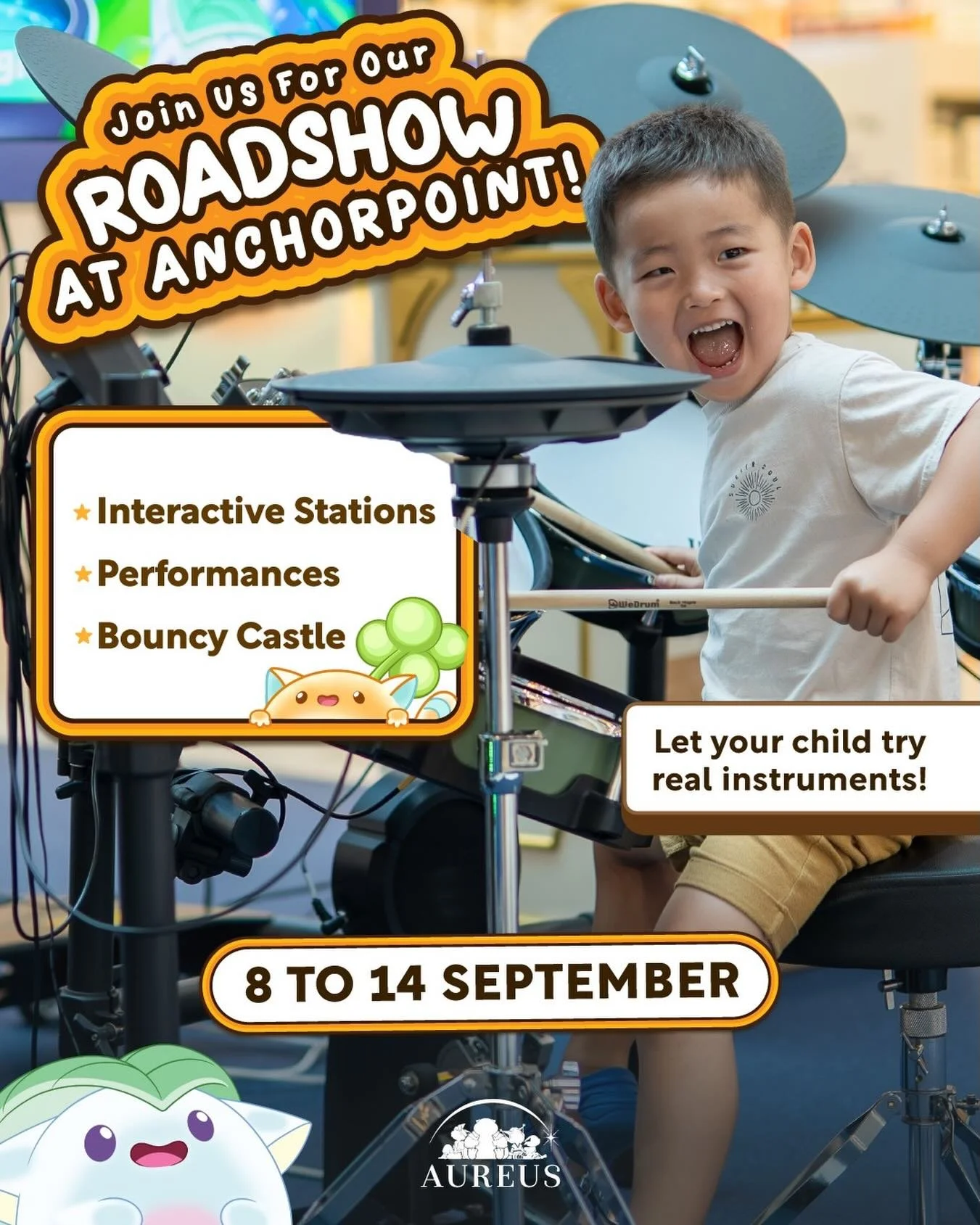 🥁 Making some music at Anchorpoint this week!

The Aureus Roadshow is happening at our B1 Atrium from 8 to 14 September, with plenty for the little ones to explore - from interactive stations and live performances to a bouncy castle and real instrum