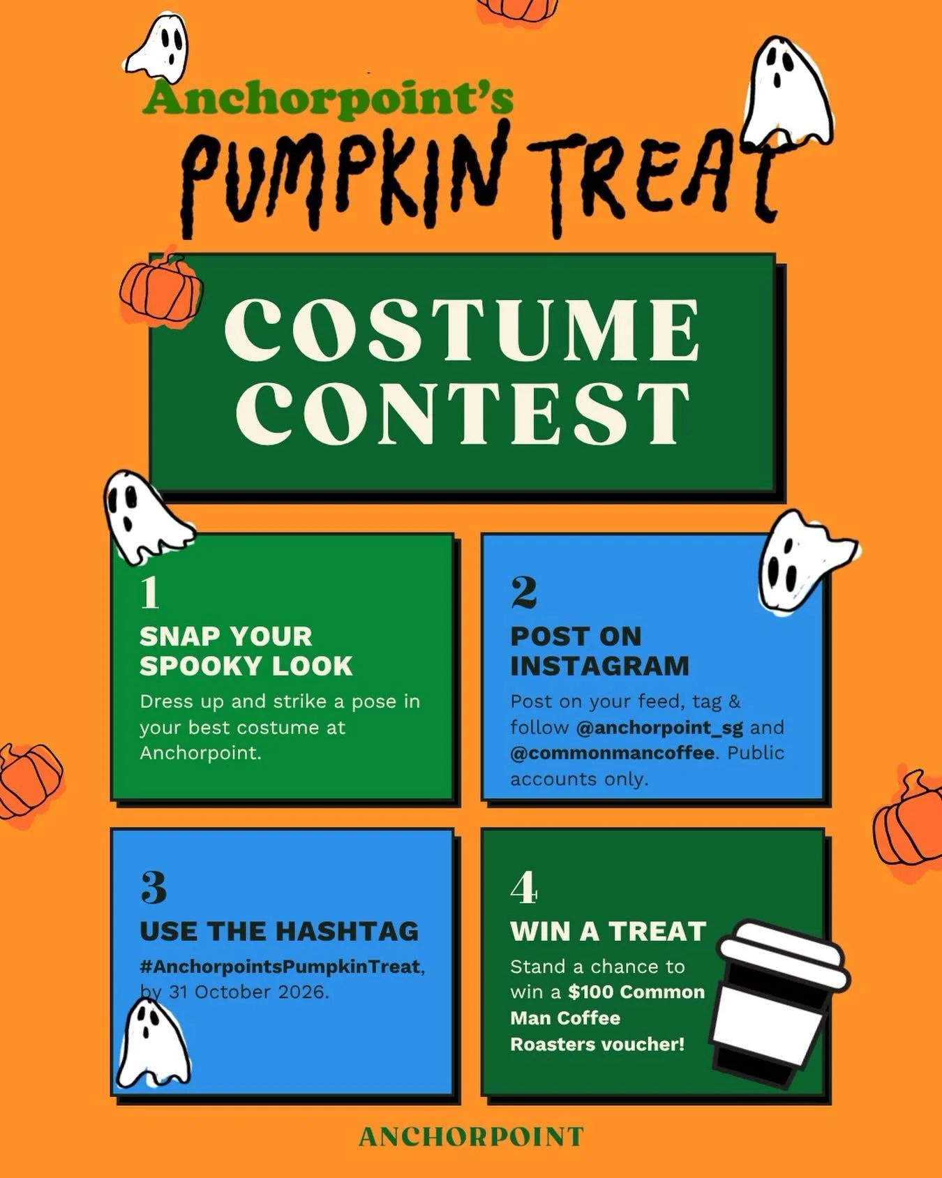 Got a costume? Show it off! 👻

Our Halloween Costume Contest is open, and one lucky winner will walk away with a $100 Common Man Coffee Roasters voucher. ☕

How to join:
1️⃣ Dress up and strike a pose in your best costume at Anchorpoint
2️⃣ Post it 
