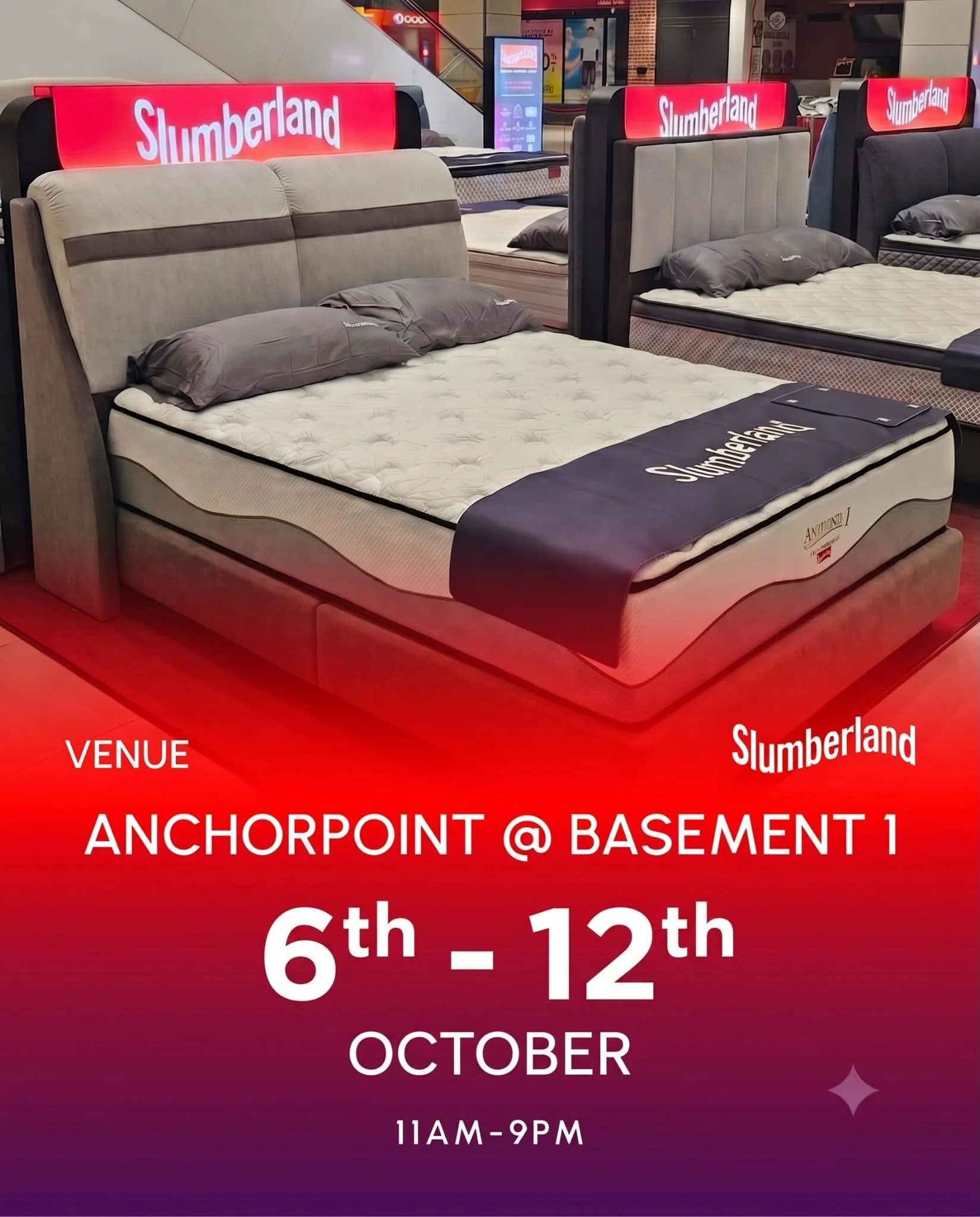 Your sign to stop sleeping on it. 👀💤

Slumberland is popping up at Anchorpoint from 6&ndash;12 Oct &mdash; come by, take a breather, and get to know your next sleep upgrade. 🛏️

📍 B1 Atrium
🕚 11am&ndash;9pm