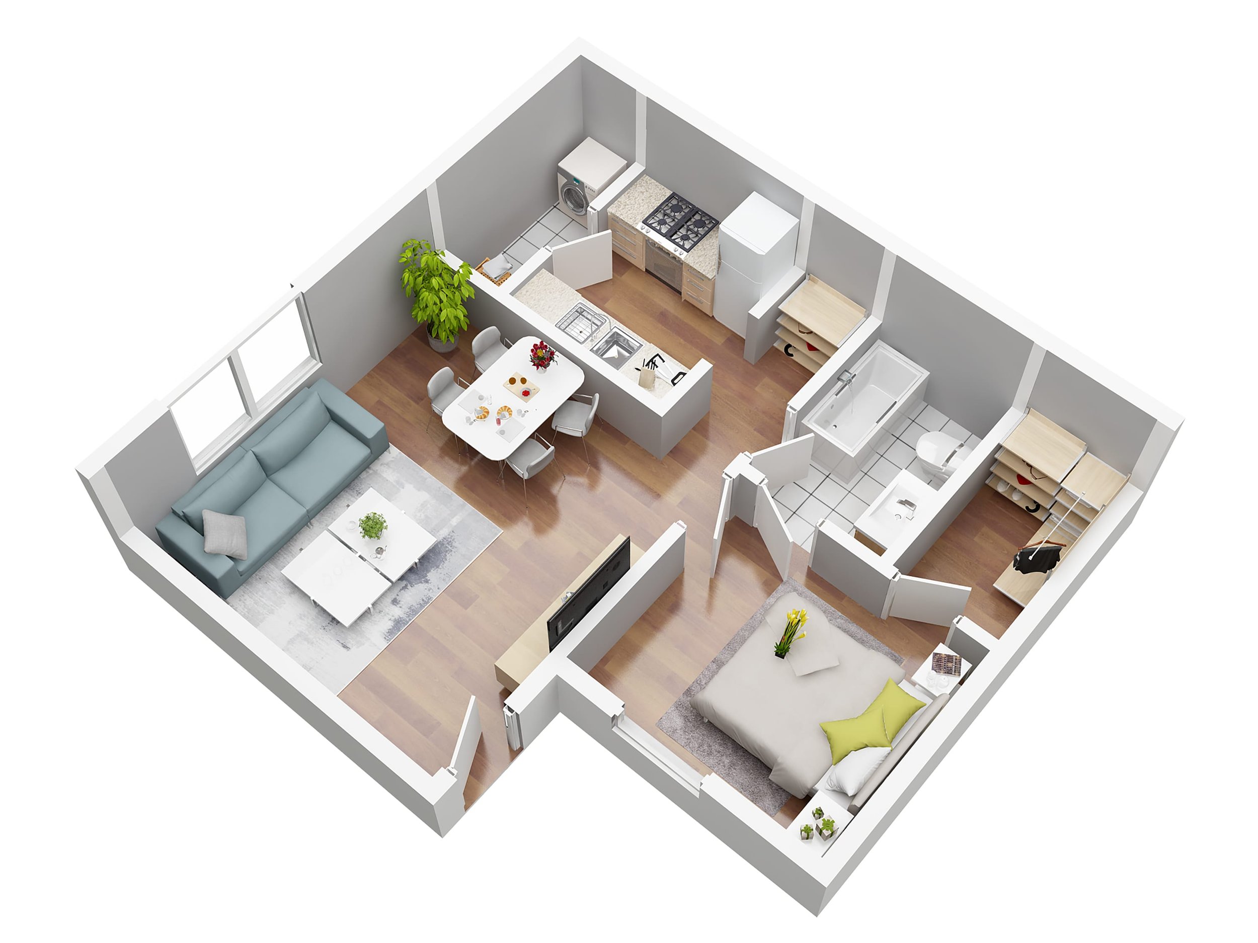 3D floor plan of a one-bedroom apartment with living room, kitchen, dining area, bathroom, and bedroom.