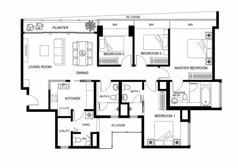 Floor plan of apartment with 3 bedrooms, living room, kitchen, dining area, utility room, yard, two bathrooms, and master bath, labeled areas including planter and AC ledge.