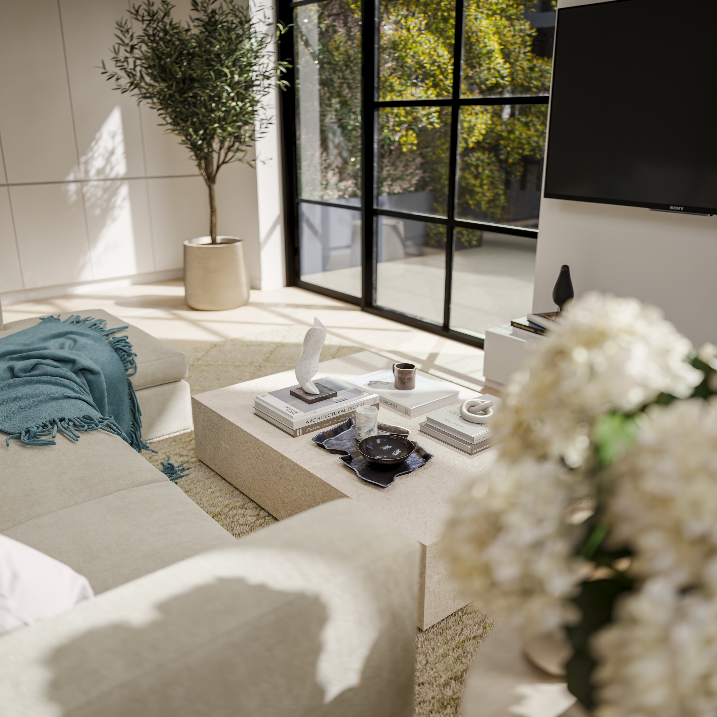 3D interior design visualization of an open-concept living space