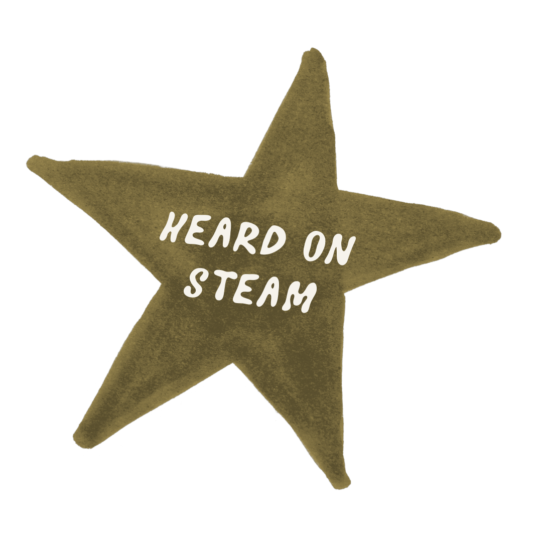 A star-shaped object with the text "HEARD ON STEAM" written in white on it.