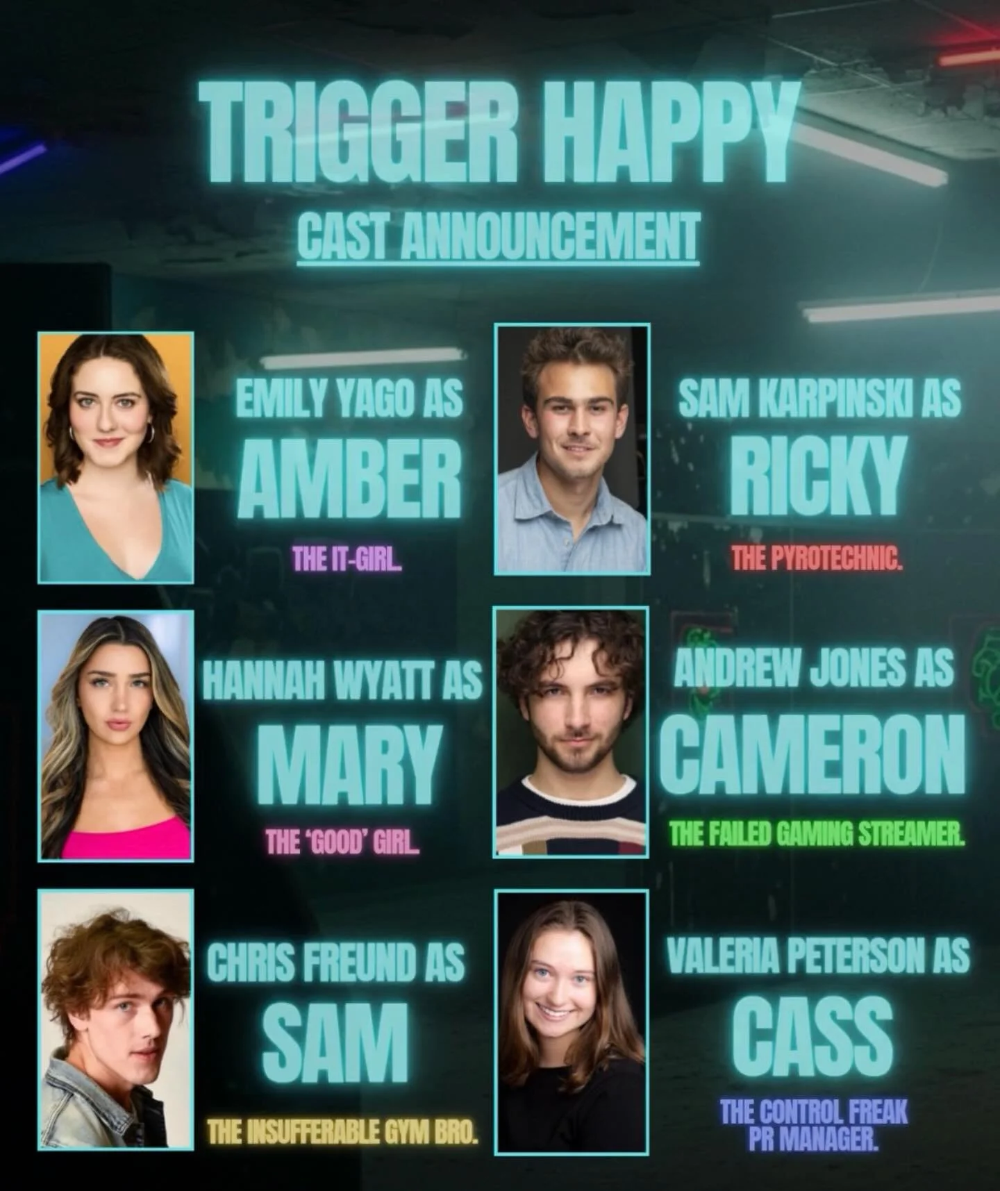 Thrilled to announce the incredible cast of Trigger Happy!

During a Live TV award show, famous model, Amber, accidentally violently hits her runner‑up&rsquo;s, Mary, head with the trophy, and her life goes on a downward spiral online. 

To fix her i