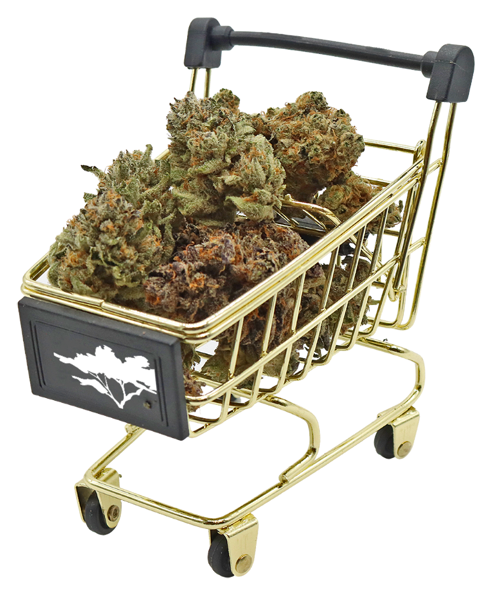 Miniature shopping cart filled with cannabis buds.