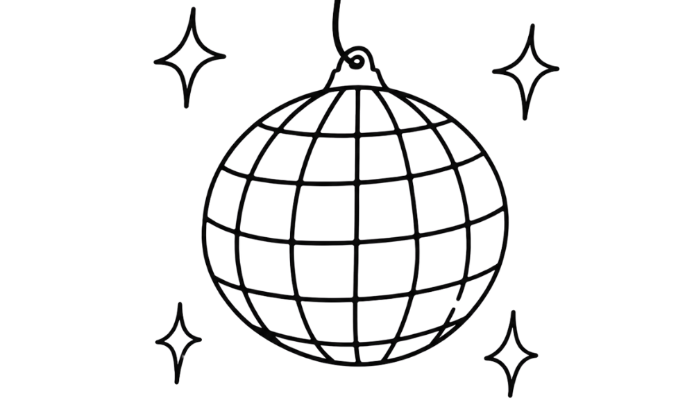 Outline of a disco ball with four shining stars around it.