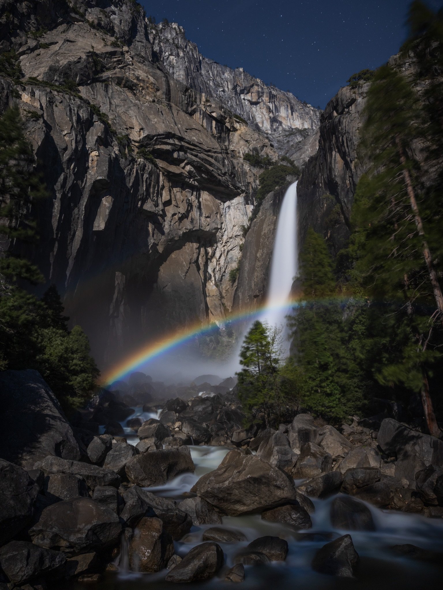 The elusive Yosemite Falls Moonbow.

Each spring during a full moon when the falls are raging, the full moon will illuminate the falls on a clear night creating a &ldquo;moonbow&rdquo; also known as a lunar rainbow. John Muir first wrote about the mo