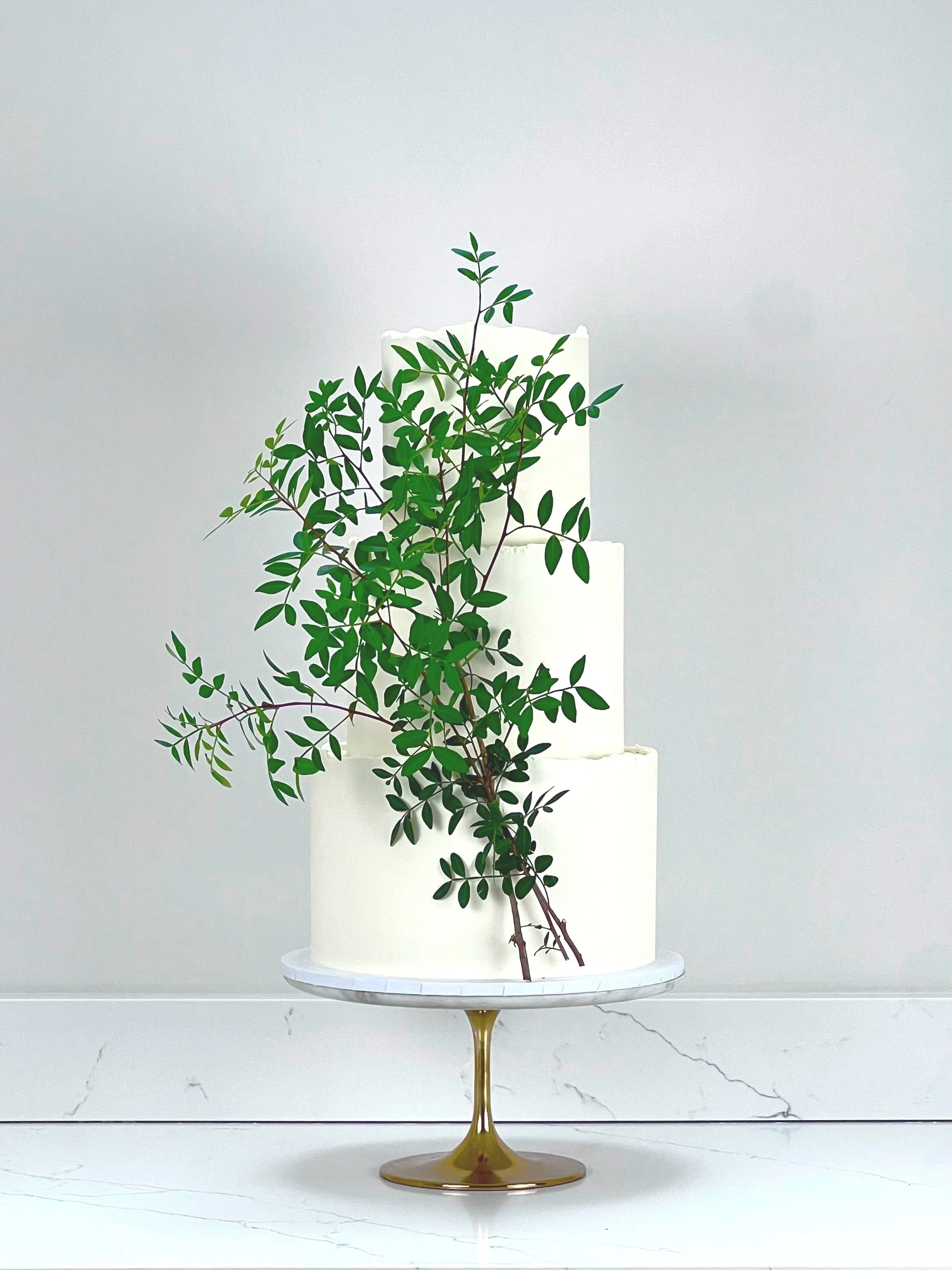 White wedding cake with green foliage. Wedding cake Manchester. Wedding Cake Cheshire. Weddings Altrincham.