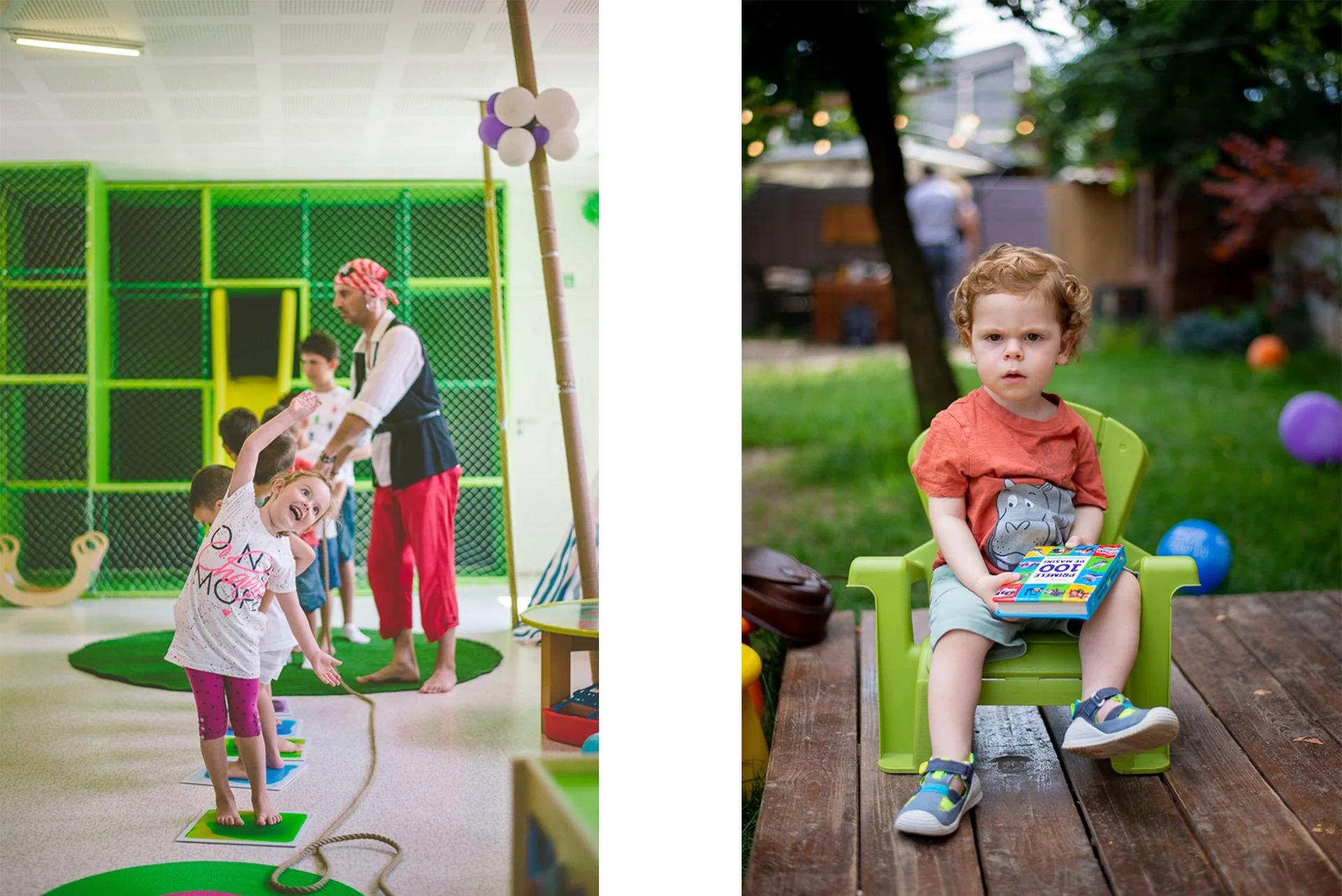 Left side: children at an indoor play center, standing on colorful mats, in line for an activity, with a clown or entertainer in the background. Right side: a young boy with curly hair sitting outdoors on a small green chair, holding a book, with trees, a wooden deck, and colorful balls in the background.