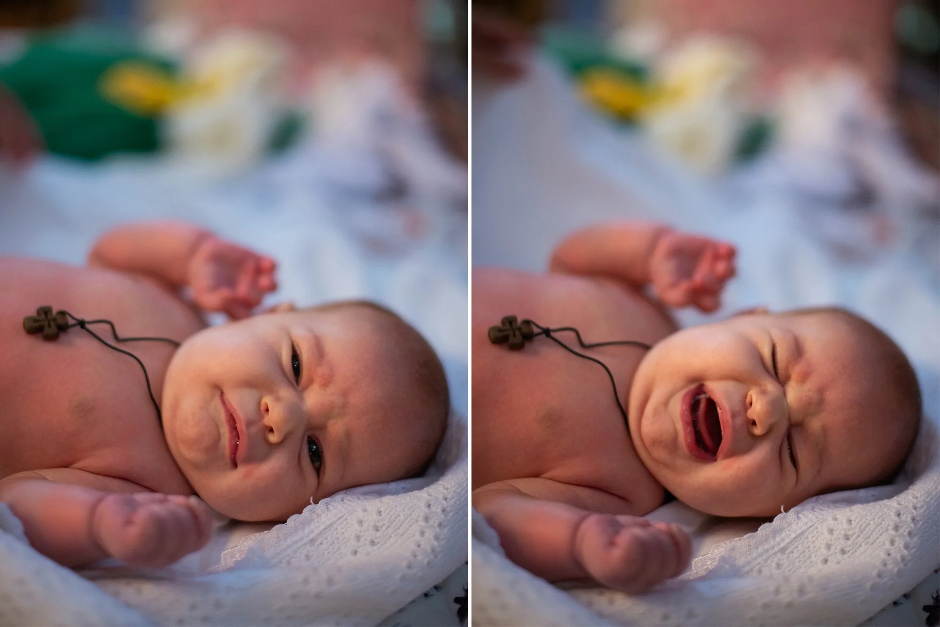 bebelus care plange dupa ce a fost asezat pe masa la botez