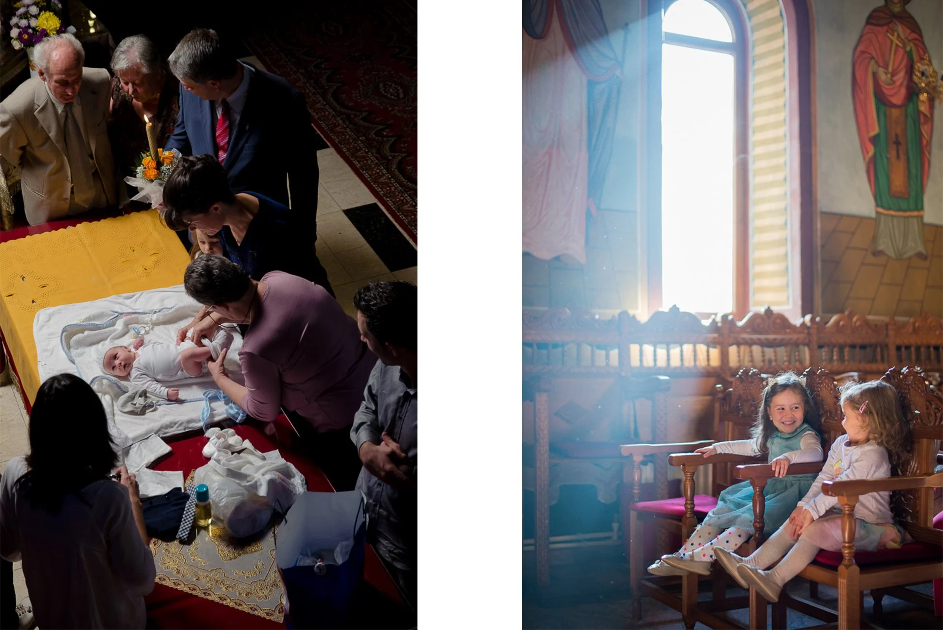 Left: A group of adults gathered around a baby lying on a bed during a baptism or christening ceremony indoors. Right: Two young girls sitting on a wooden church pew, smiling at each other in a church with stained glass windows and religious murals.