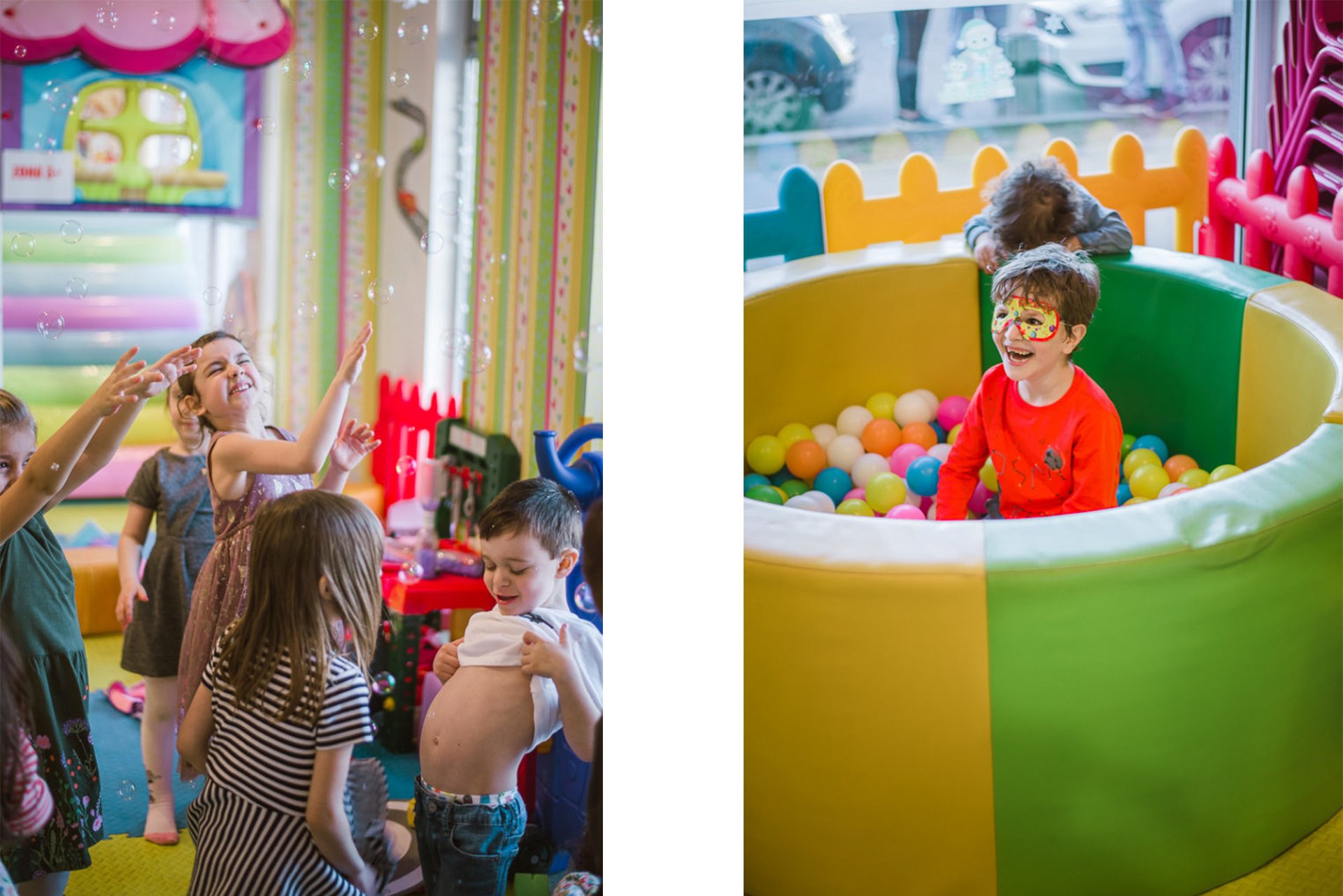 Children playing and having fun at an indoor play area with colorful toys and ball pit.