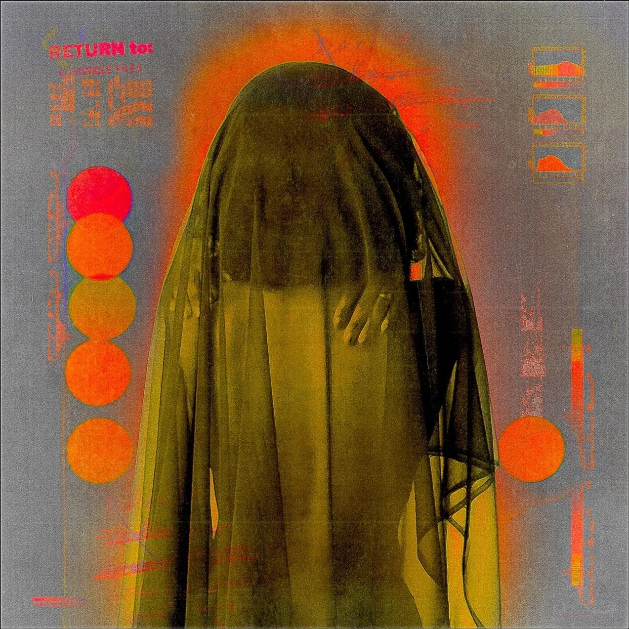 An abstract digital artwork featuring a dark figure in a yellow-green cloak, with a glowing orange background and red digital elements and text surrounding the figure.
